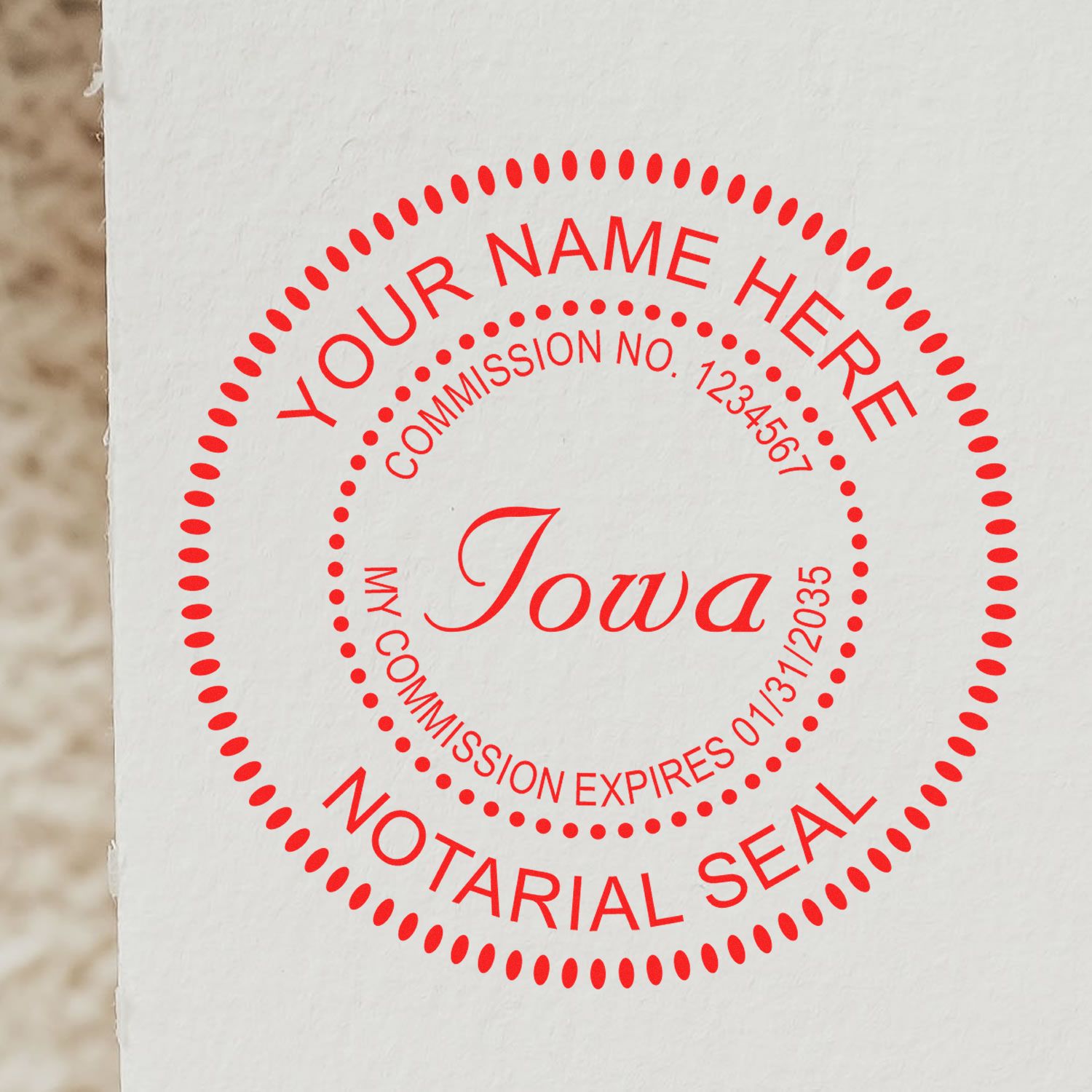 Round Iowa Notary Public Seal Stamp in use photo showing a stamped imprint of the Round Iowa Notary Public Seal Stamp