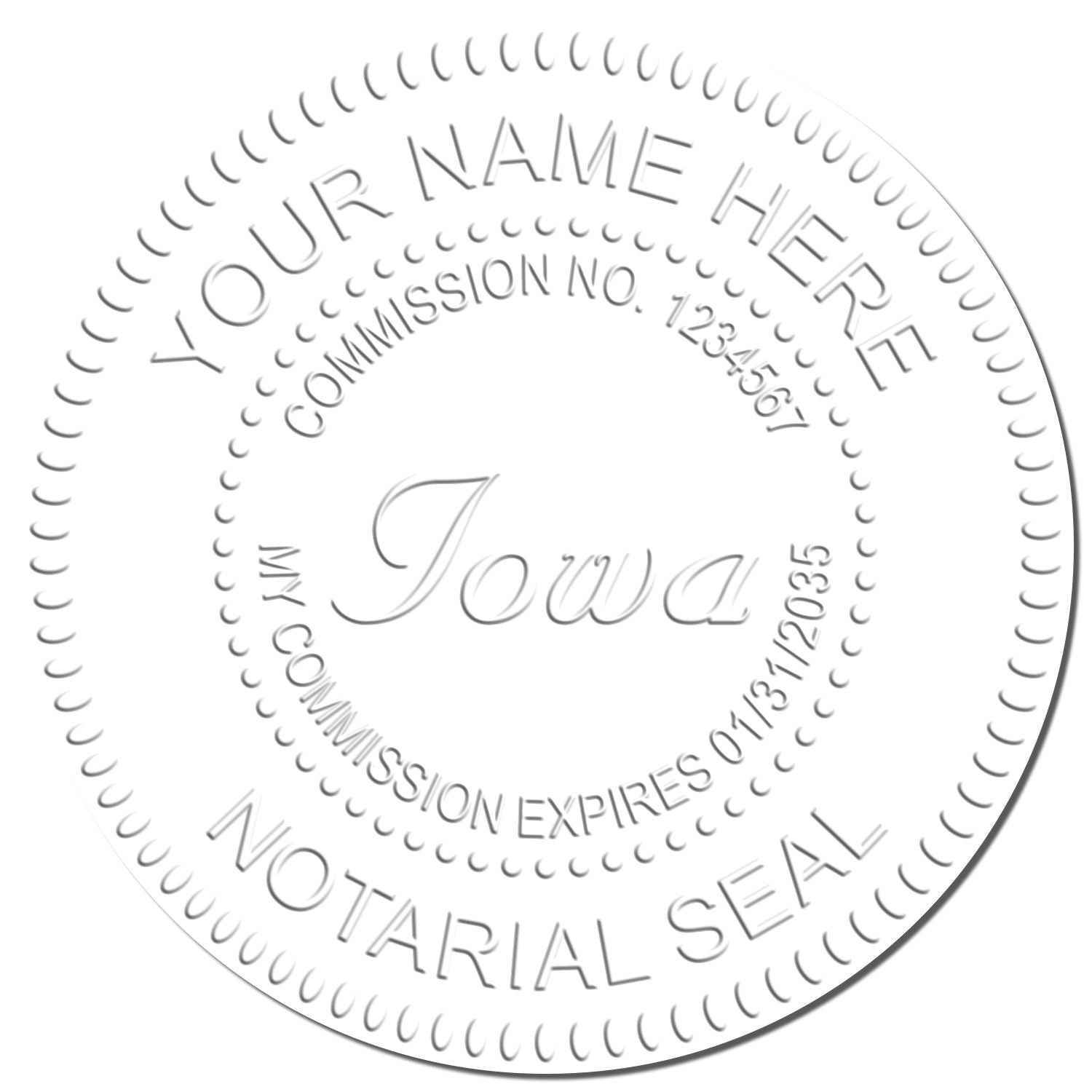 This paper is stamped with a sample imprint of the Iowa Handheld Notary Seal Embosser, signifying its quality and reliability.