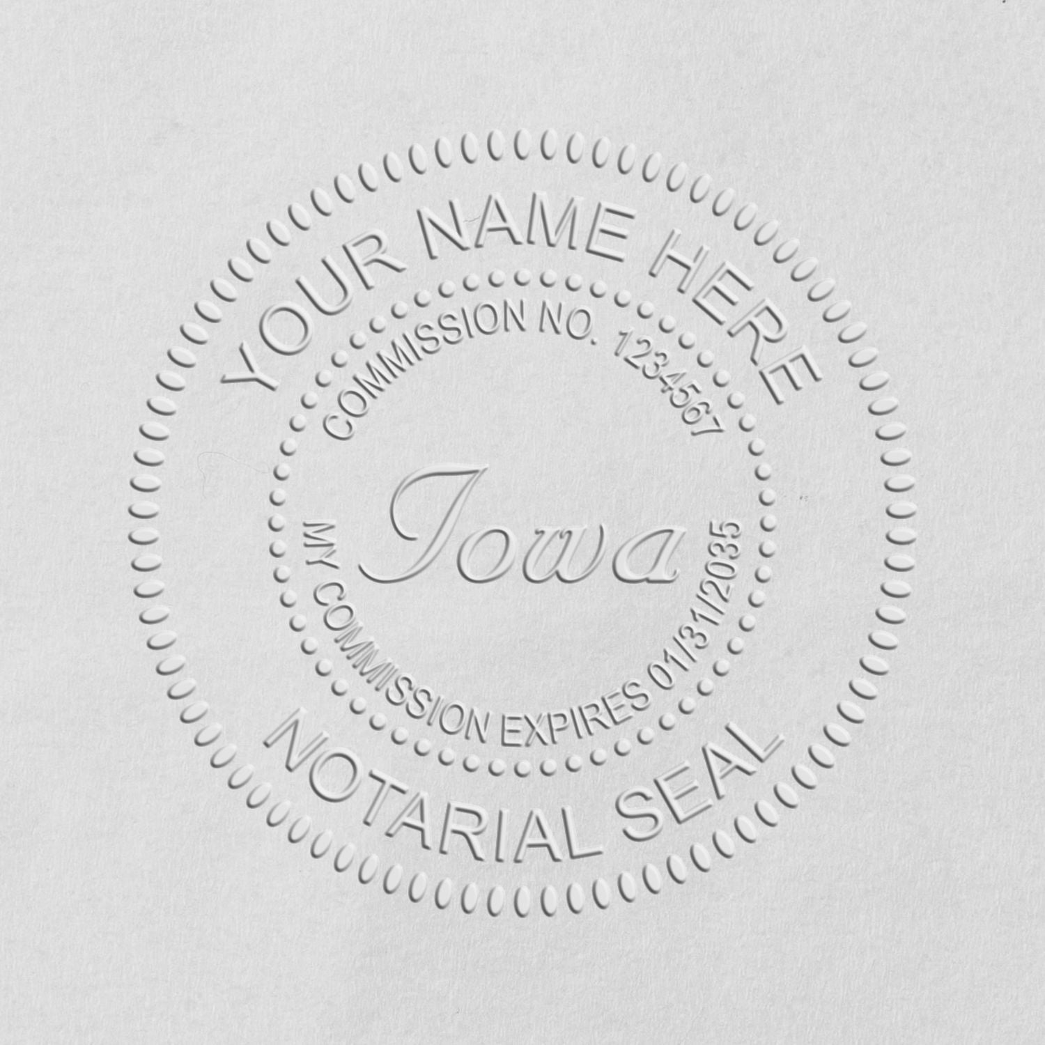 A stamped impression of the Iowa Handheld Notary Seal Embosser in this stylish lifestyle photo, setting the tone for a unique and personalized product.