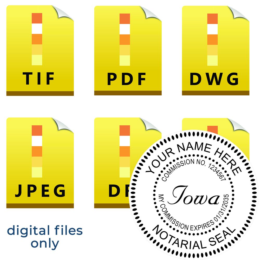 The main image for the Iowa Round Electronic Notary Stamp depicting a sample of the imprint and electronic files