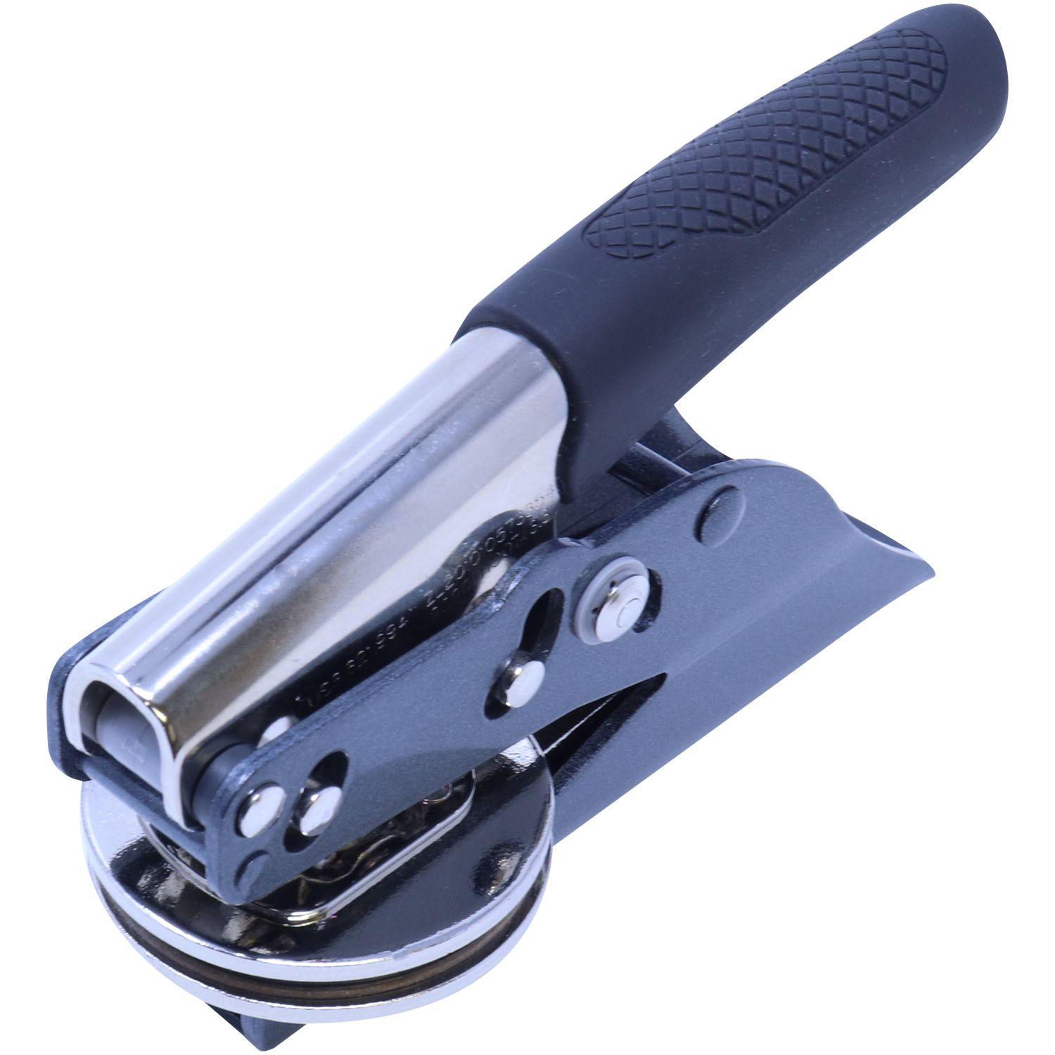 Engineering Geologist Handheld Soft Seal Embosser with a black handle and metal body, angled front-side view, on a white background.