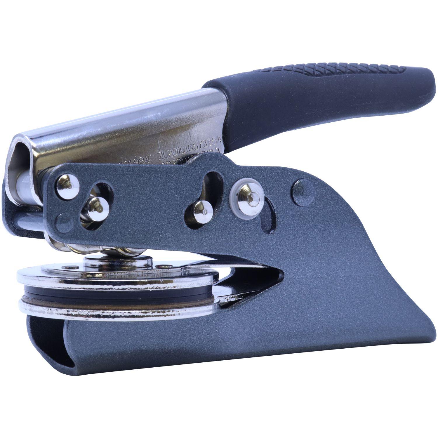 Public Weighmaster Soft Seal Embosser with a black handle and metal components, shown in a side view against a white background.