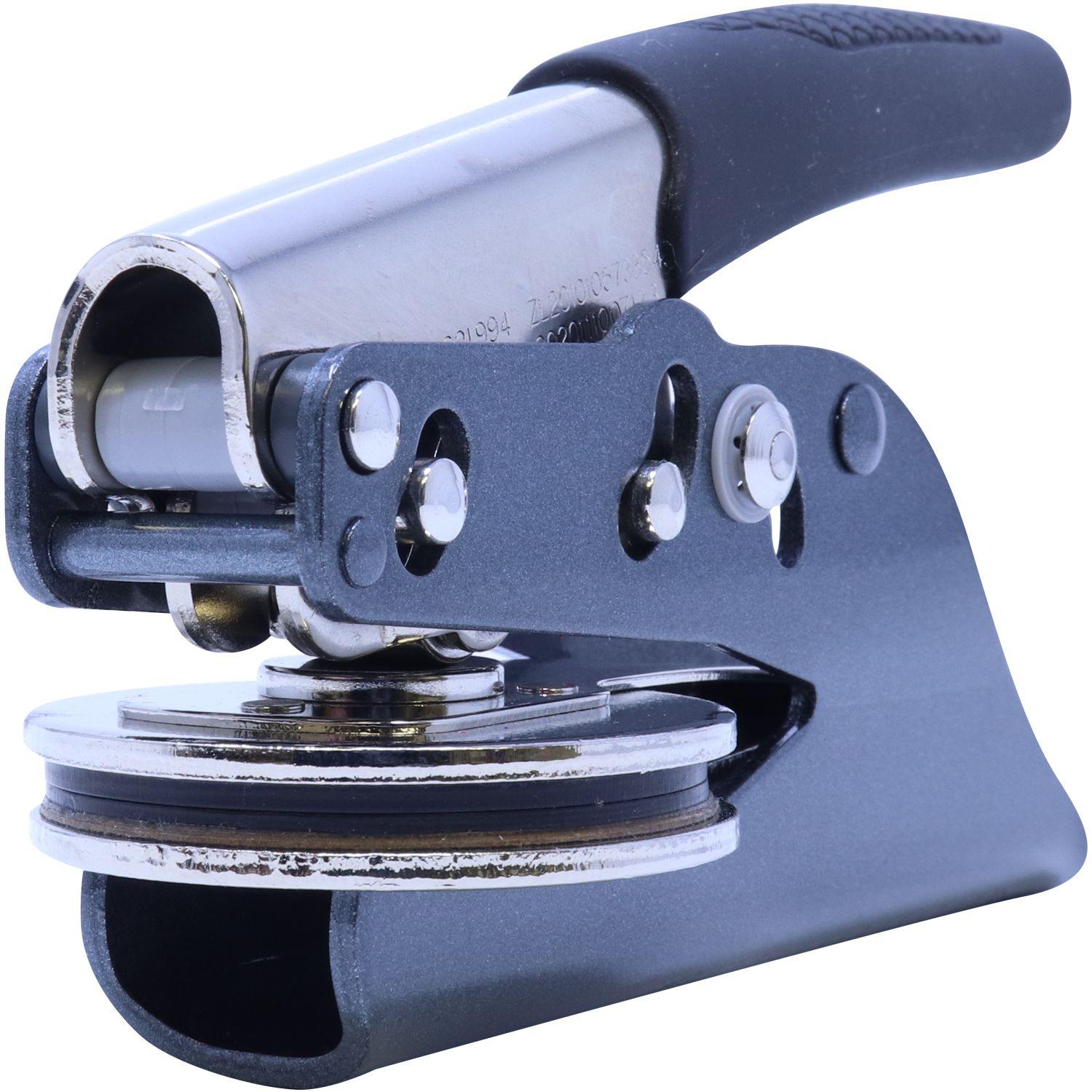 Engineering Geologist Handheld Soft Seal Embosser with a black handle and metal components, angled side view showing the embossing mechanism.