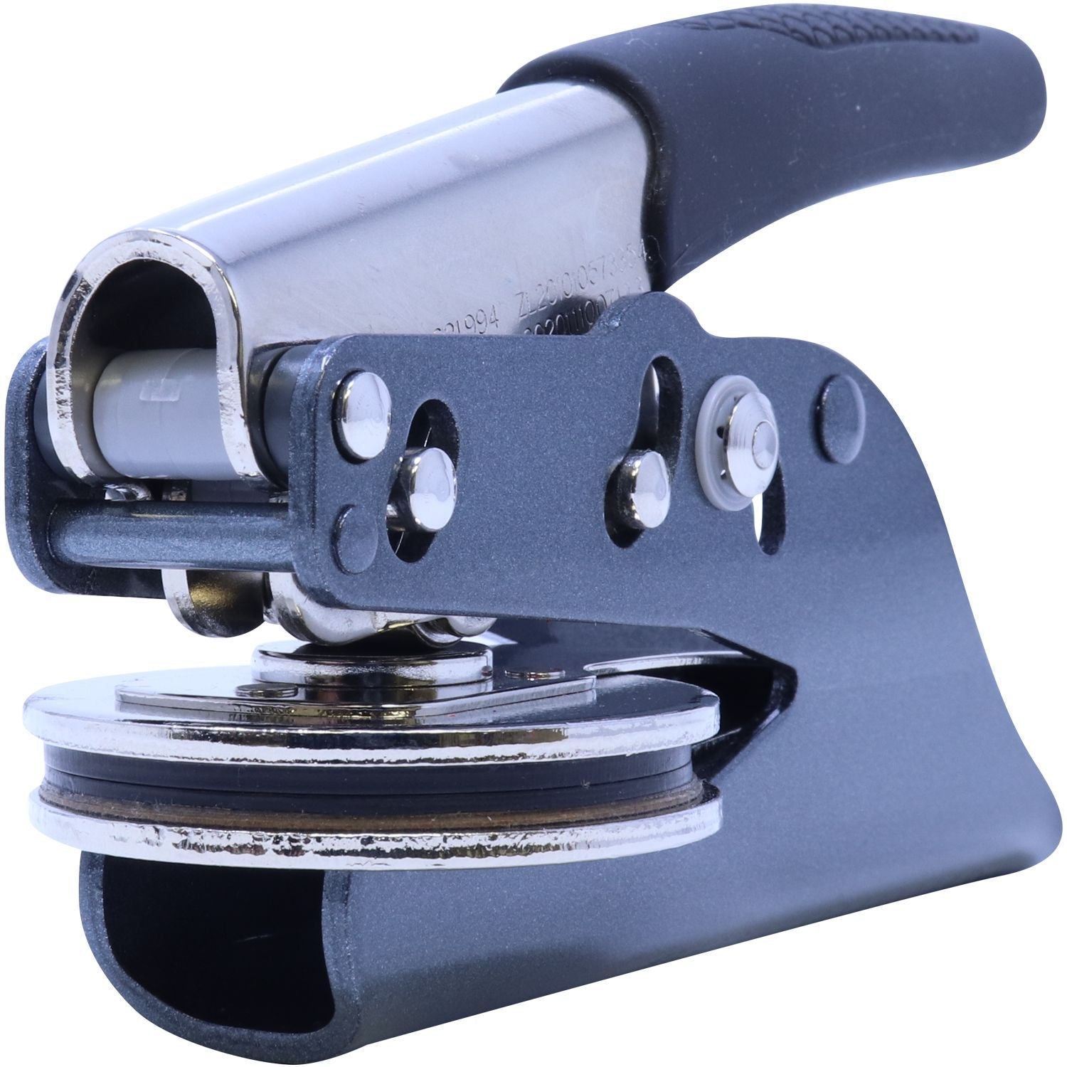 Soft Seal Notary Embosser with a black handle and metal components, shown in a side view with a 1-5/8 imprint size.