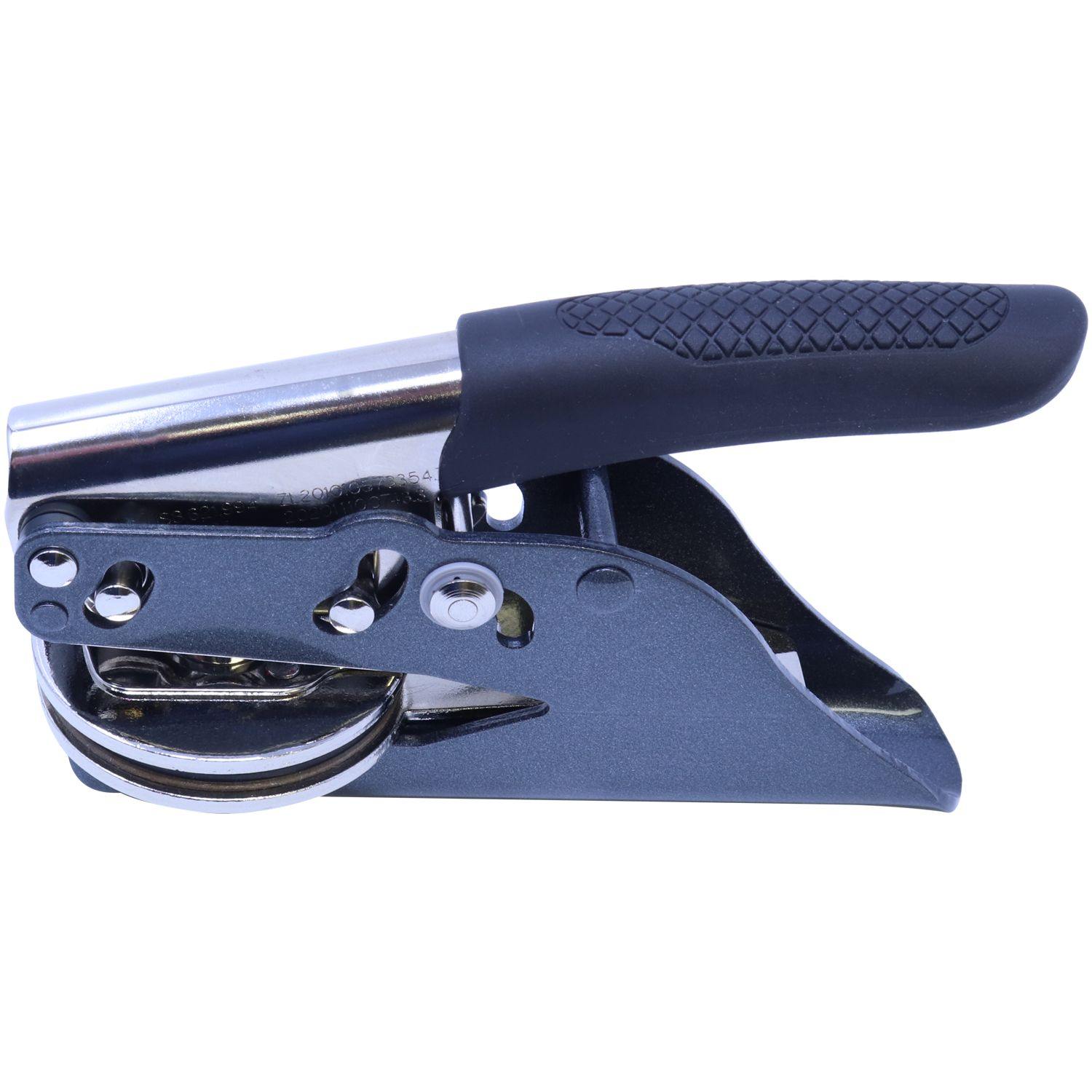 Forester Handheld Soft Seal Embosser with a black handle and metallic body, shown in an angled side view against a white background.