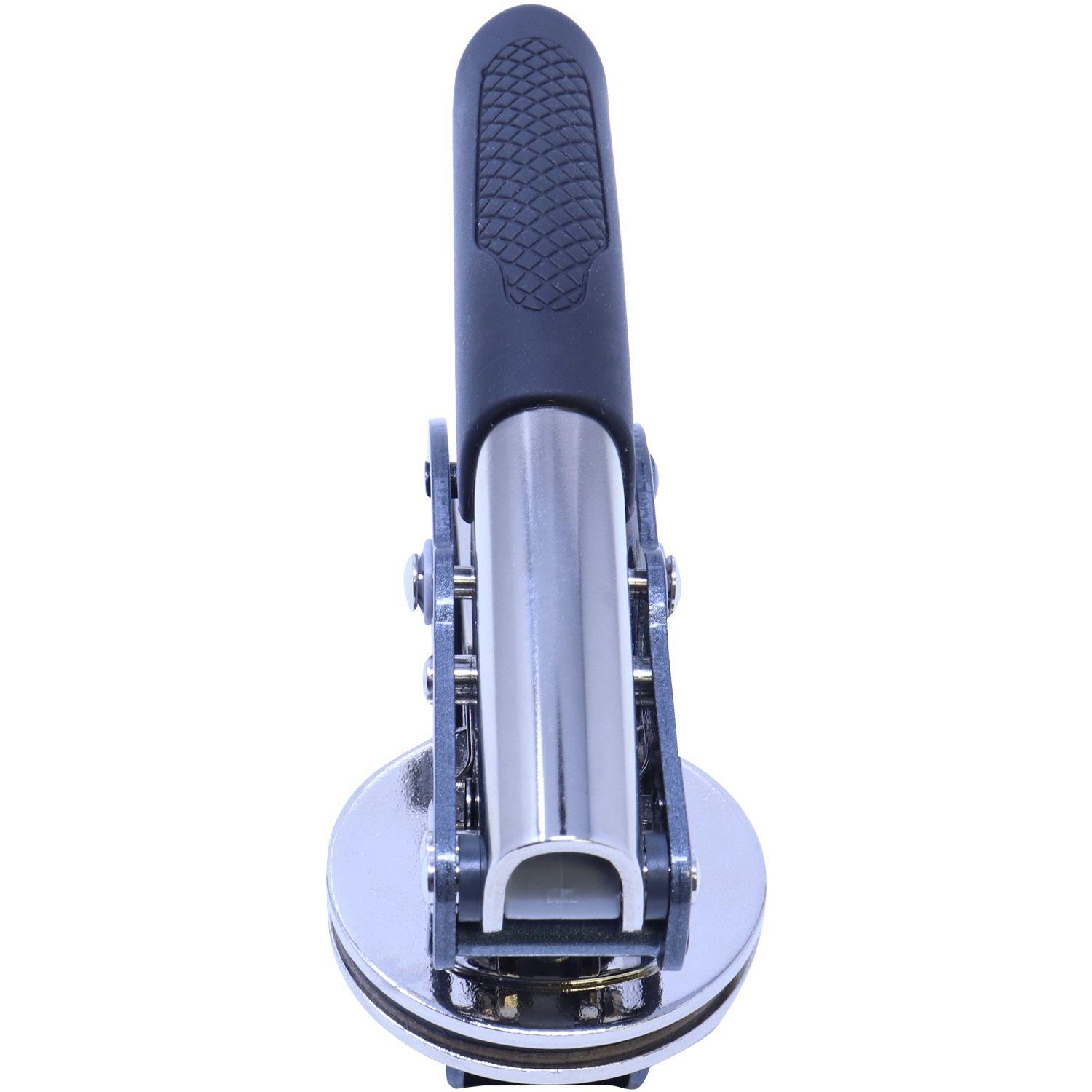 Interior Designer Handheld Soft Seal Embosser with a black handle and metallic body, shown from the front view, ready for use.