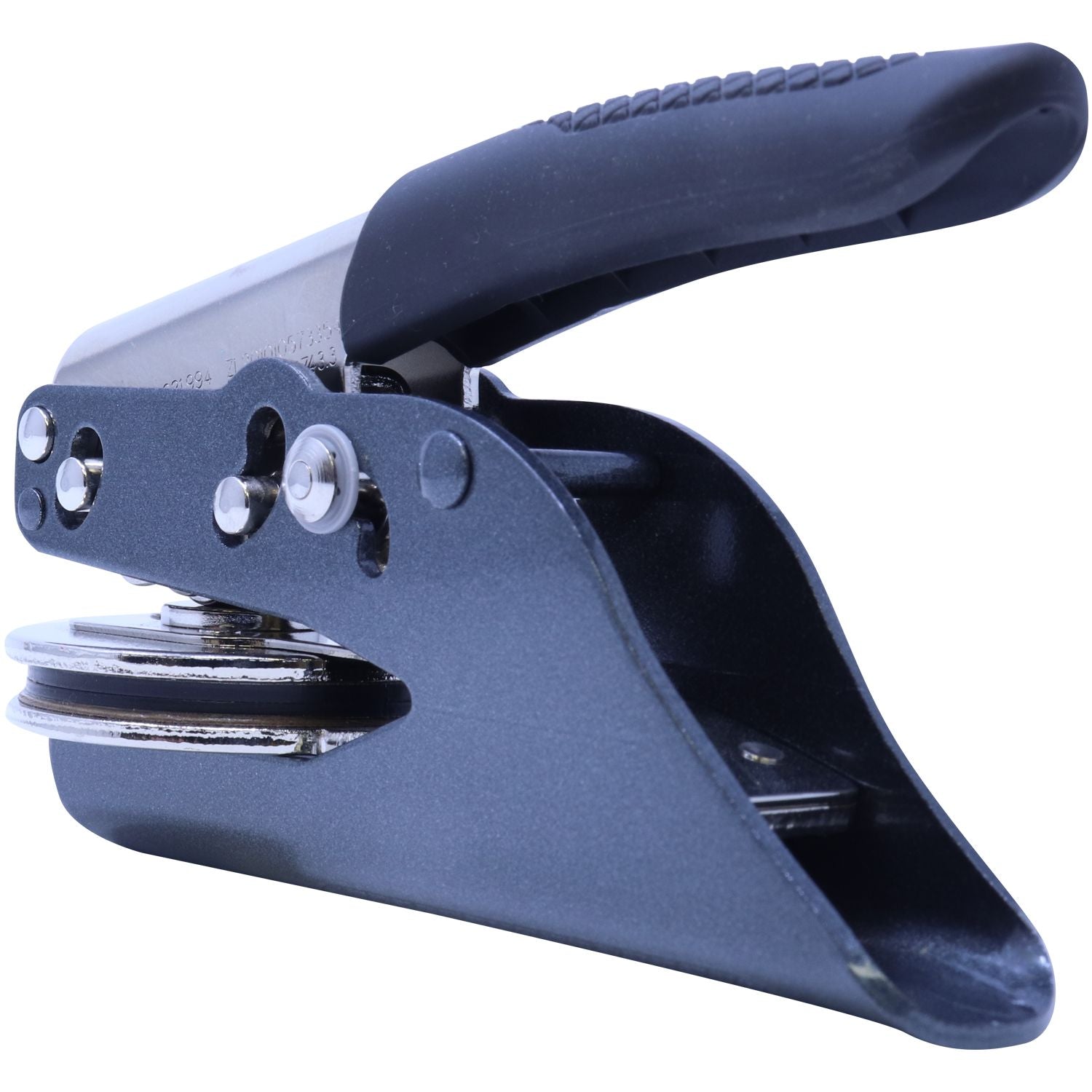 Soft Seal Notary Embosser with a black ergonomic handle and metal components, designed for creating crisp, professional notary imprints.