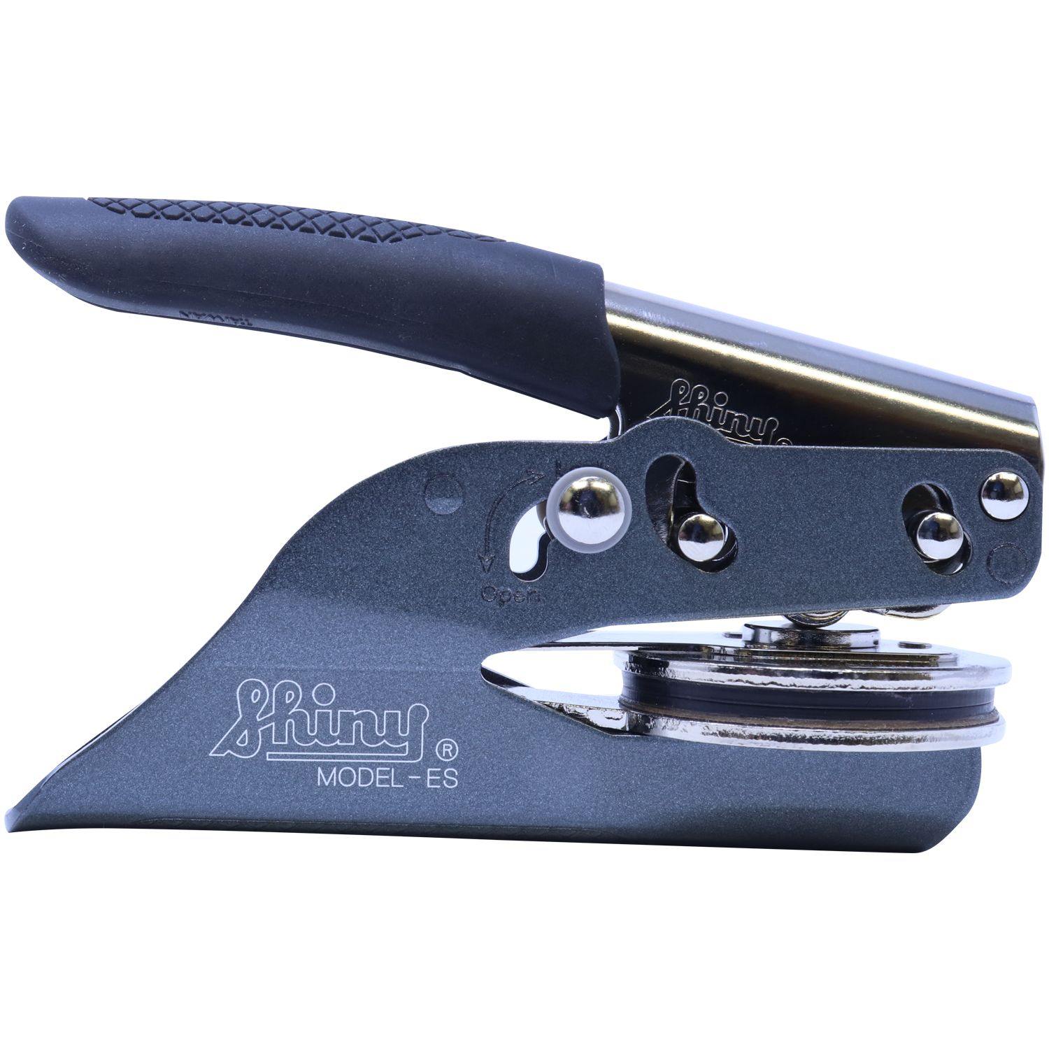 Public Weighmaster Soft Seal Embosser, side view, showing the Shiny Model-ES with a black handle and metal components.