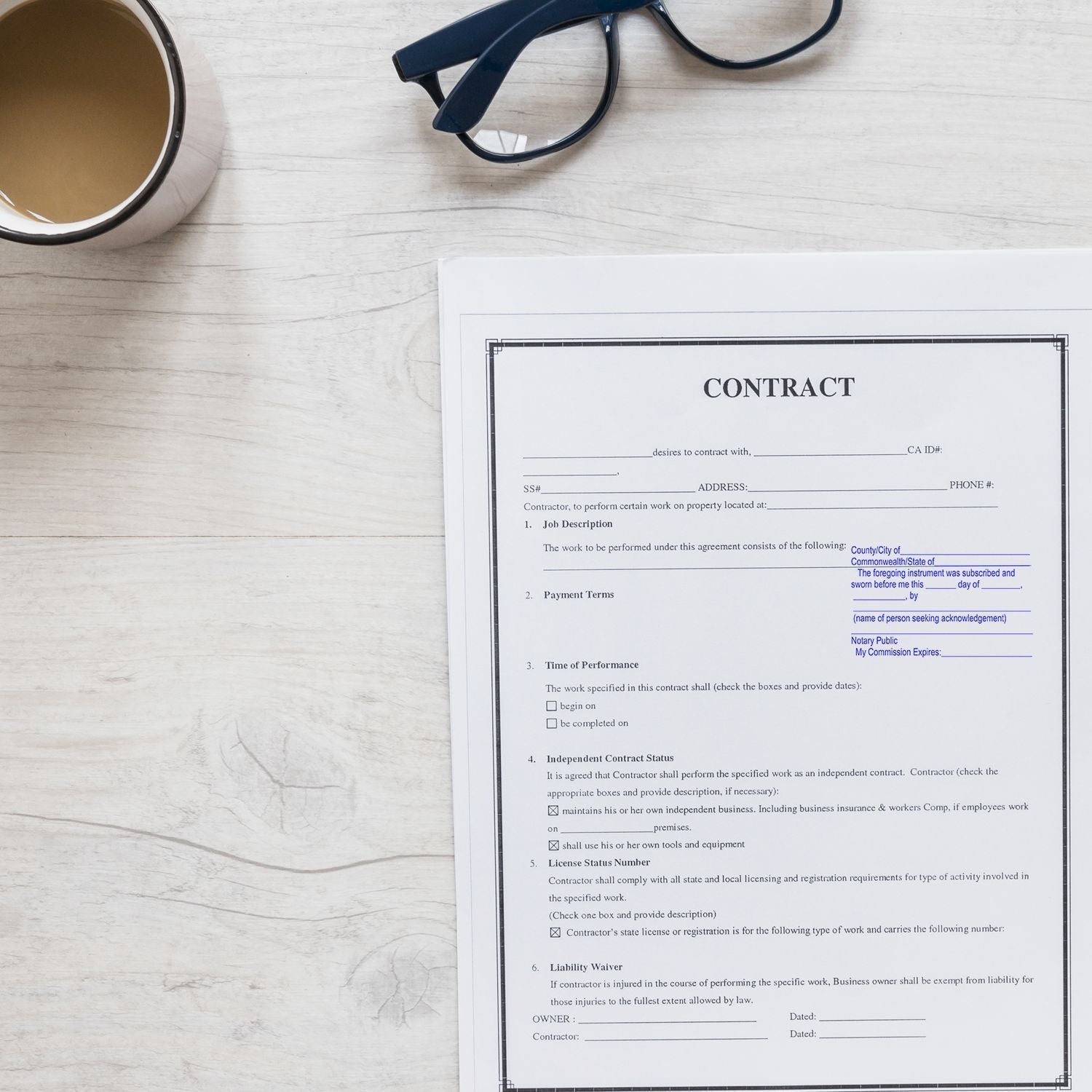 A Jurat Notary Stamp is placed on a contract document on a desk with a cup of coffee, glasses, and a pen.