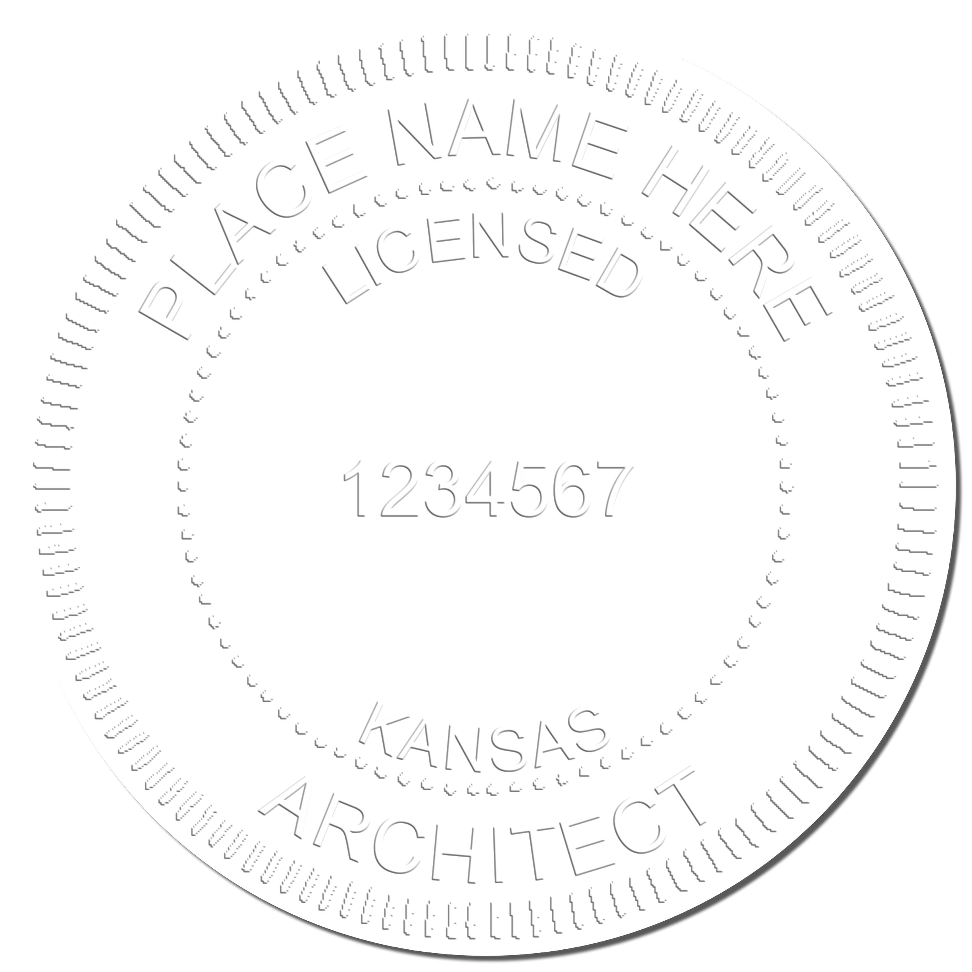 A photograph of the Handheld Kansas Architect Seal Embosser stamp impression reveals a vivid, professional image of the on paper.