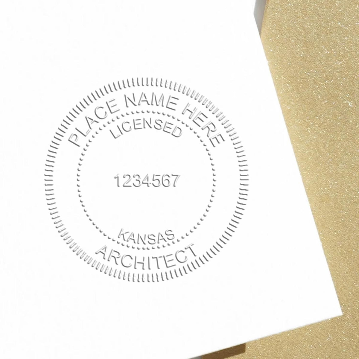 A stamped impression of the State of Kansas Architectural Seal Embosser in this stylish lifestyle photo, setting the tone for a unique and personalized product.