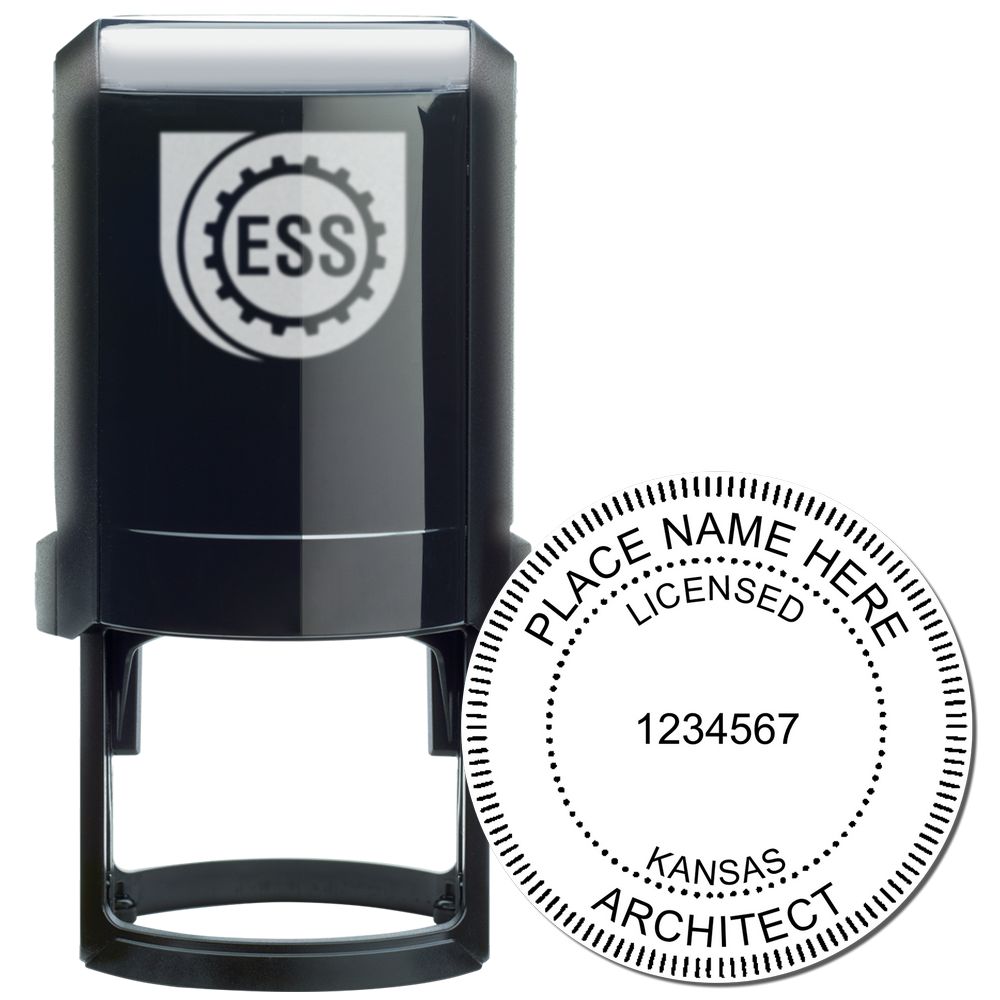 Self Inking Kansas Architect Stamp with a black body and a round imprint area displaying customizable text for licensed architects.