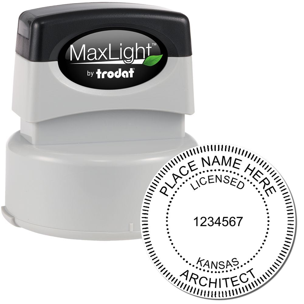 Premium MaxLight Pre-Inked Kansas Architectural Stamp with a round imprint showing 'PLACE NAME HERE' and 'LICENSED' with a number."