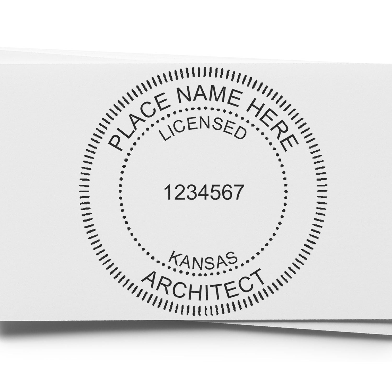 Self Inking Kansas Architect Stamp with customizable name and license number, featuring a circular design with Kansas Architect text.