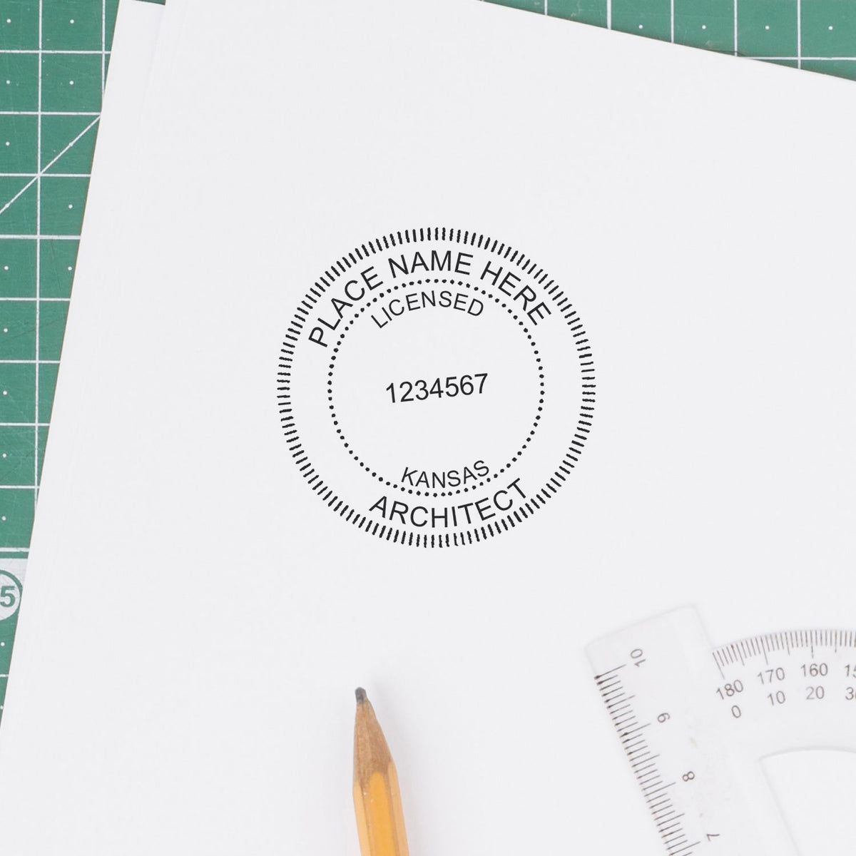 A stamped impression of the Slim Pre-Inked Kansas Architect Seal Stamp in this stylish lifestyle photo, setting the tone for a unique and personalized product.