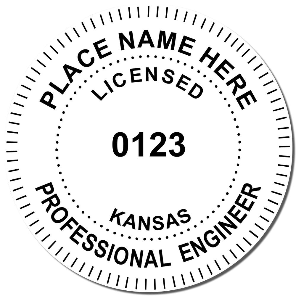 A photograph of the Self-Inking Kansas PE Stamp stamp impression reveals a vivid, professional image of the on paper.