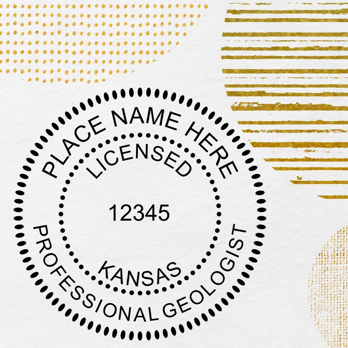 A lifestyle photo showing a stamped image of the Self-Inking Kansas Geologist Stamp on a piece of paper