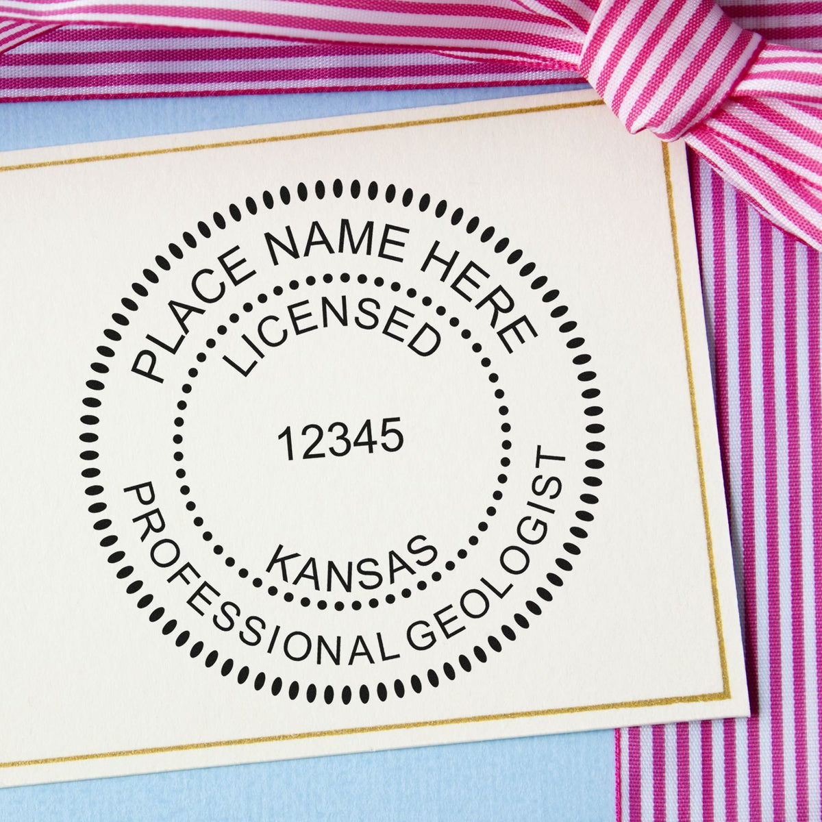 A photograph of the Slim Pre-Inked Kansas Professional Geologist Seal Stamp  impression reveals a vivid, professional image of the on paper.