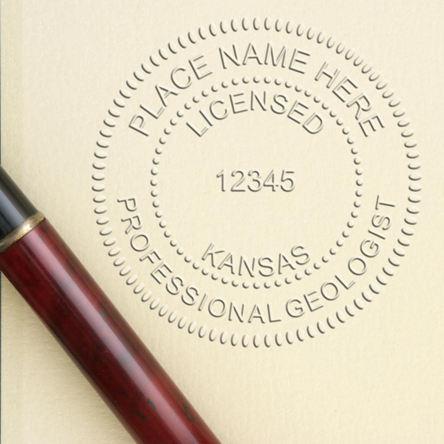 The main image for the Heavy Duty Cast Iron Kansas Geologist Seal Embosser depicting a sample of the imprint and imprint sample