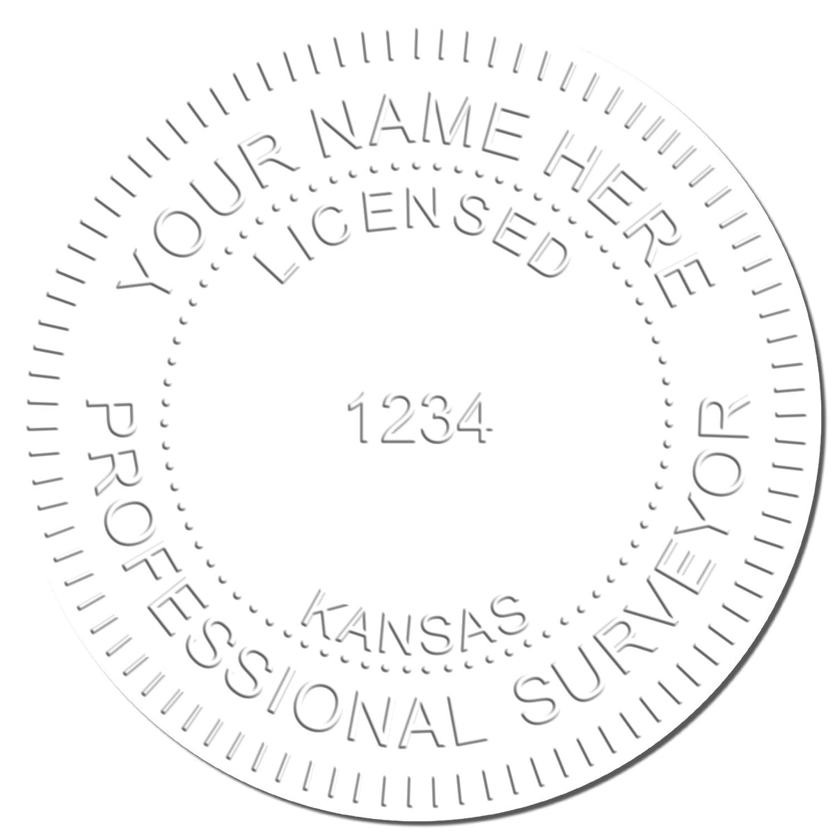 This paper is stamped with a sample imprint of the Extended Long Reach Kansas Surveyor Embosser, signifying its quality and reliability.