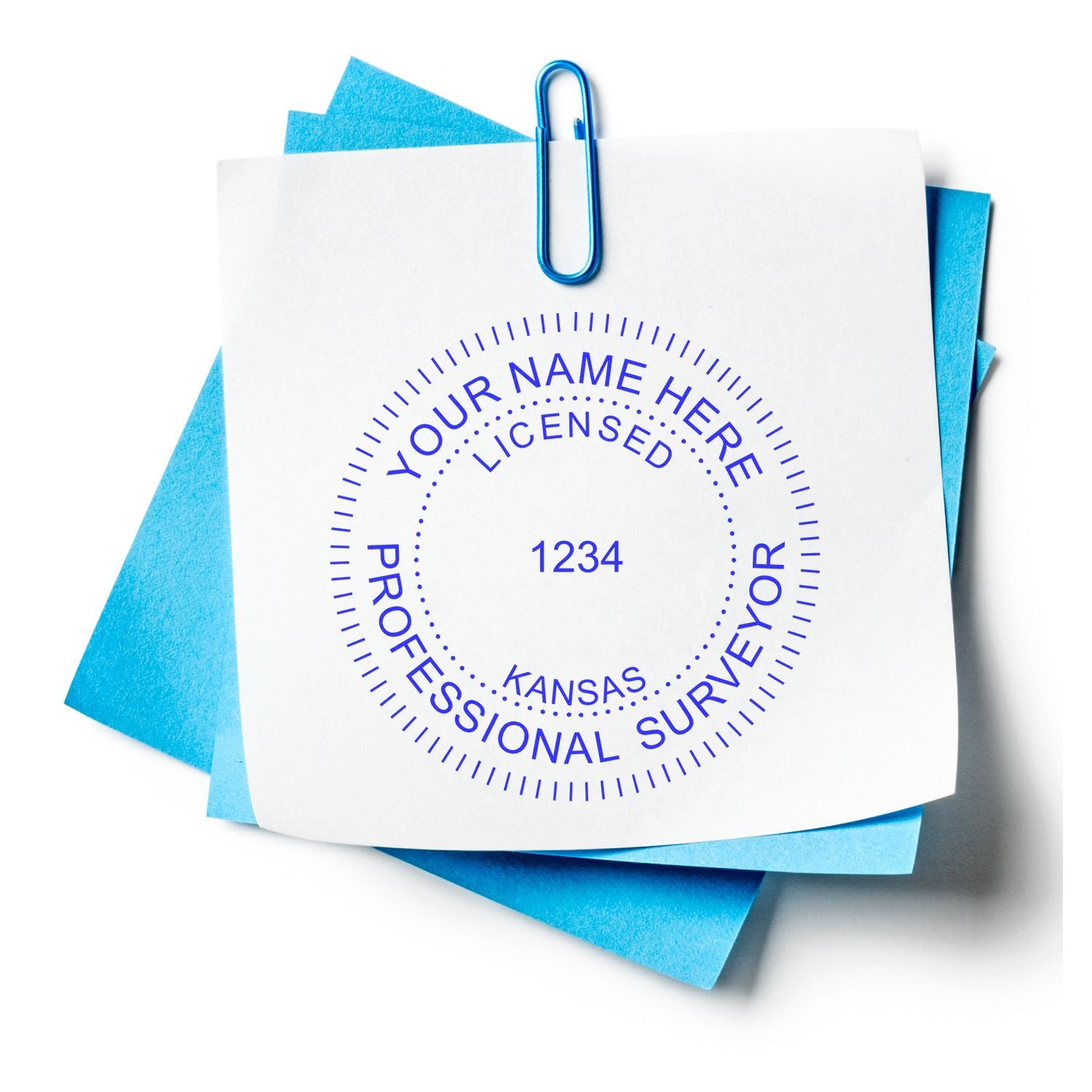 Digital Kansas Land Surveyor Stamp, Electronic Seal for Kansas Land Surveyor, displayed on a white paper clipped to blue sheets.