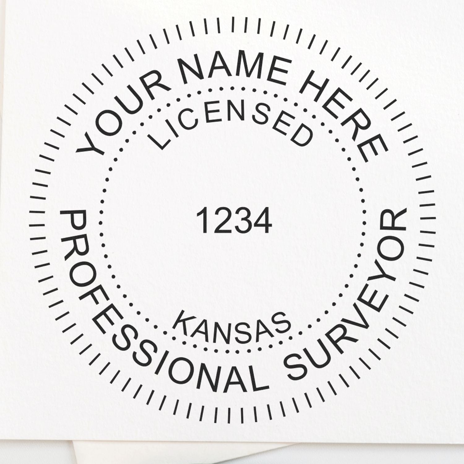 Kansas Land Surveyor Seal Stamp, KS PLS Stamp with customizable name and license number in a circular design on a white background.