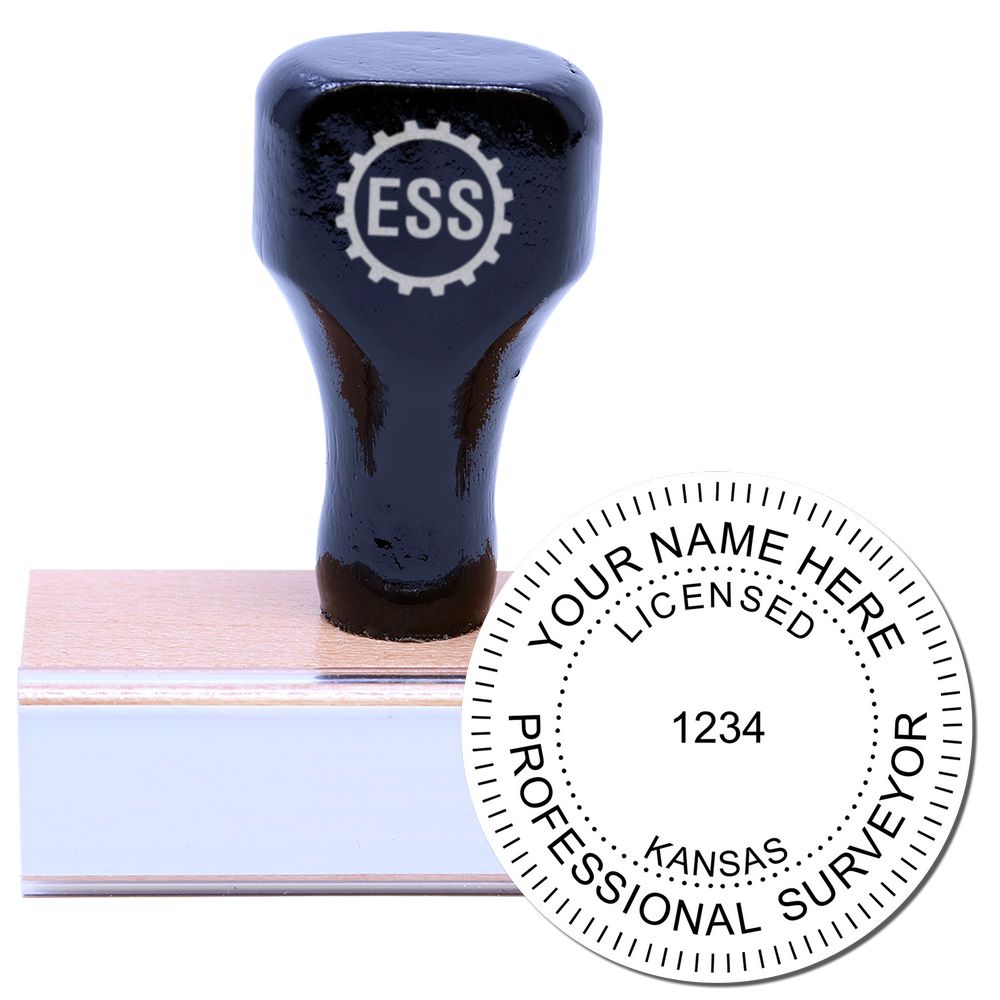 Kansas Land Surveyor Seal Stamp, KS PLS Stamp with wooden handle and customizable licensed professional surveyor seal.