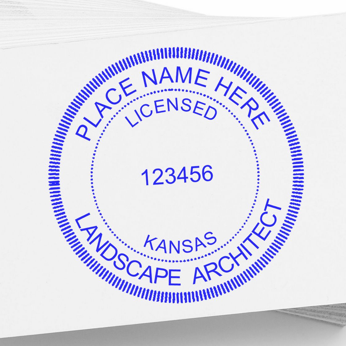 Another Example of a stamped impression of the Slim Pre-Inked Kansas Landscape Architect Seal Stamp on a piece of office paper.