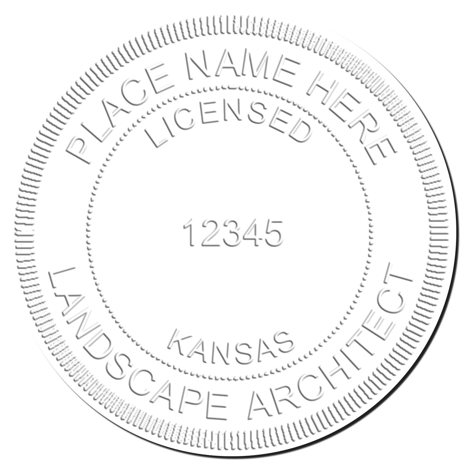 This paper is stamped with a sample imprint of the State of Kansas Extended Long Reach Landscape Architect Seal Embosser, signifying its quality and reliability.