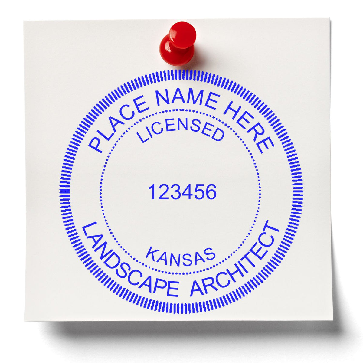 The Slim Pre-Inked Kansas Landscape Architect Seal Stamp stamp impression comes to life with a crisp, detailed photo on paper - showcasing true professional quality.
