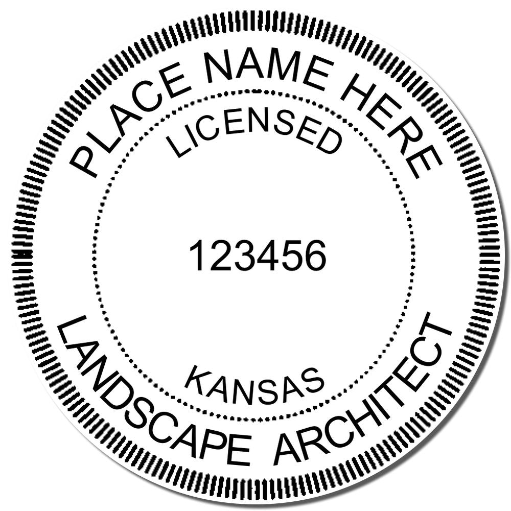 A lifestyle photo showing a stamped image of the Slim Pre-Inked Kansas Landscape Architect Seal Stamp on a piece of paper