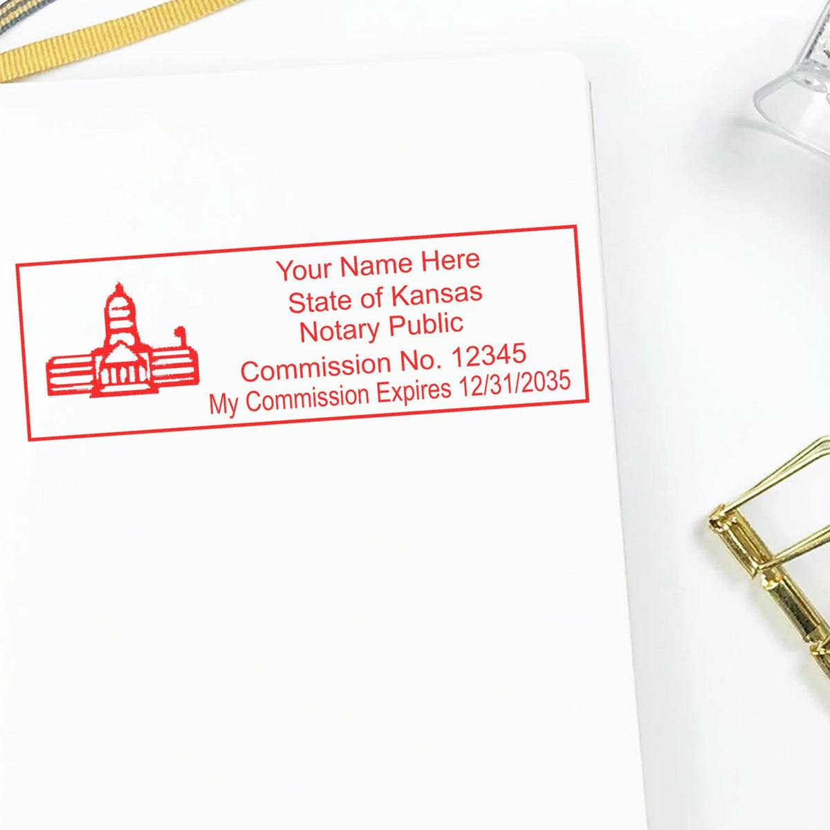The Self-Inking State Seal Kansas Notary Stamp stamp impression comes to life with a crisp, detailed photo on paper - showcasing true professional quality.