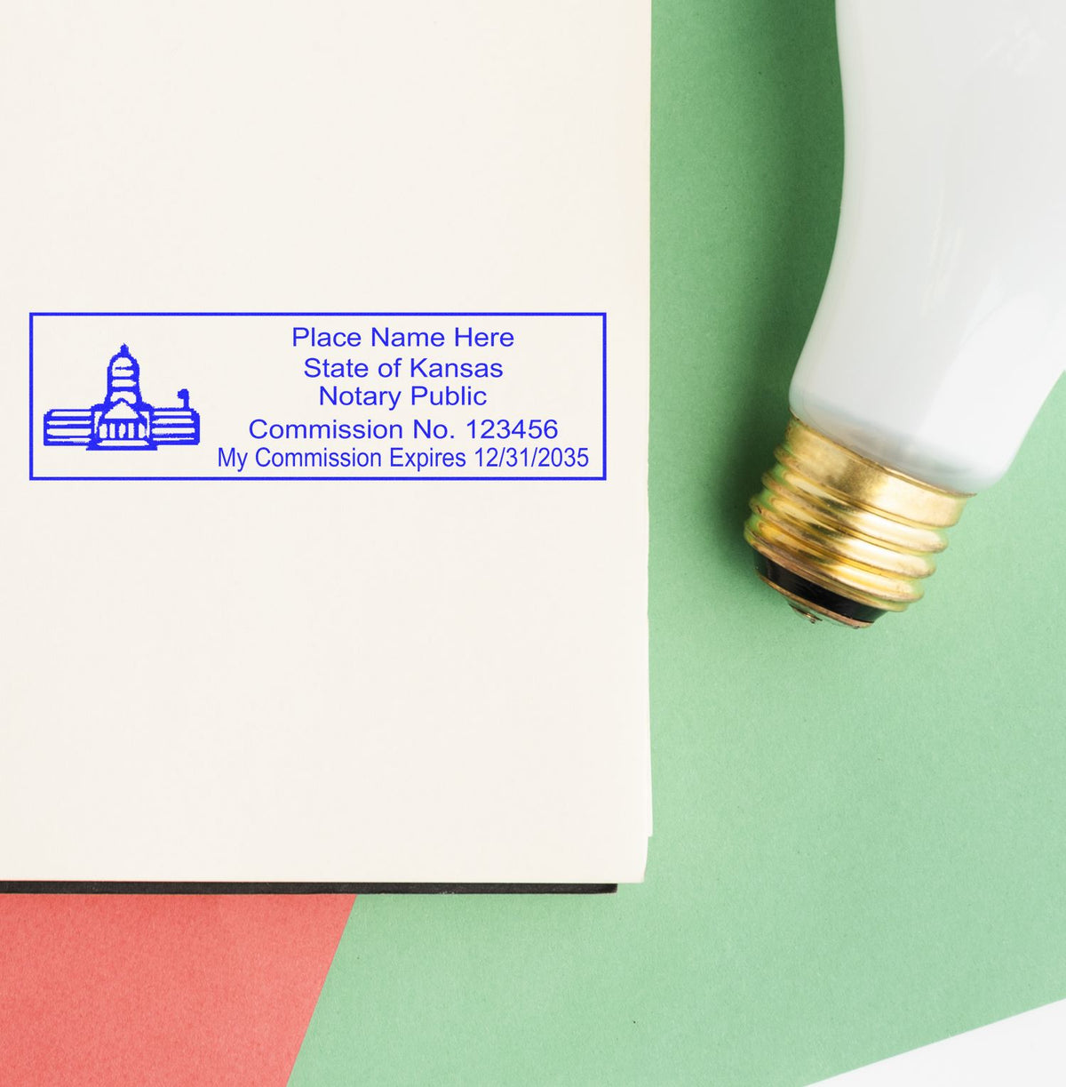 This paper is stamped with a sample imprint of the Wooden Handle Kansas State Seal Notary Public Stamp, signifying its quality and reliability.