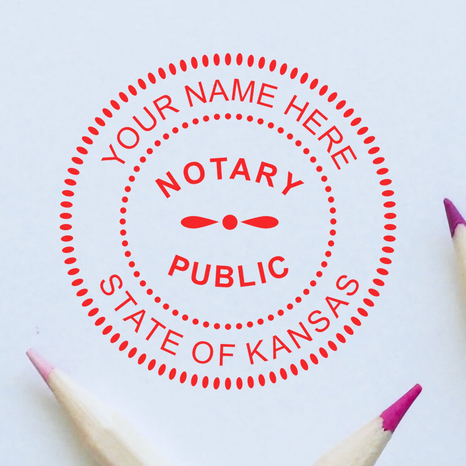 Heavy-Duty Round Kansas Notary Stamp in use photo showing a stamped imprint of the Heavy-Duty Round Kansas Notary Stamp