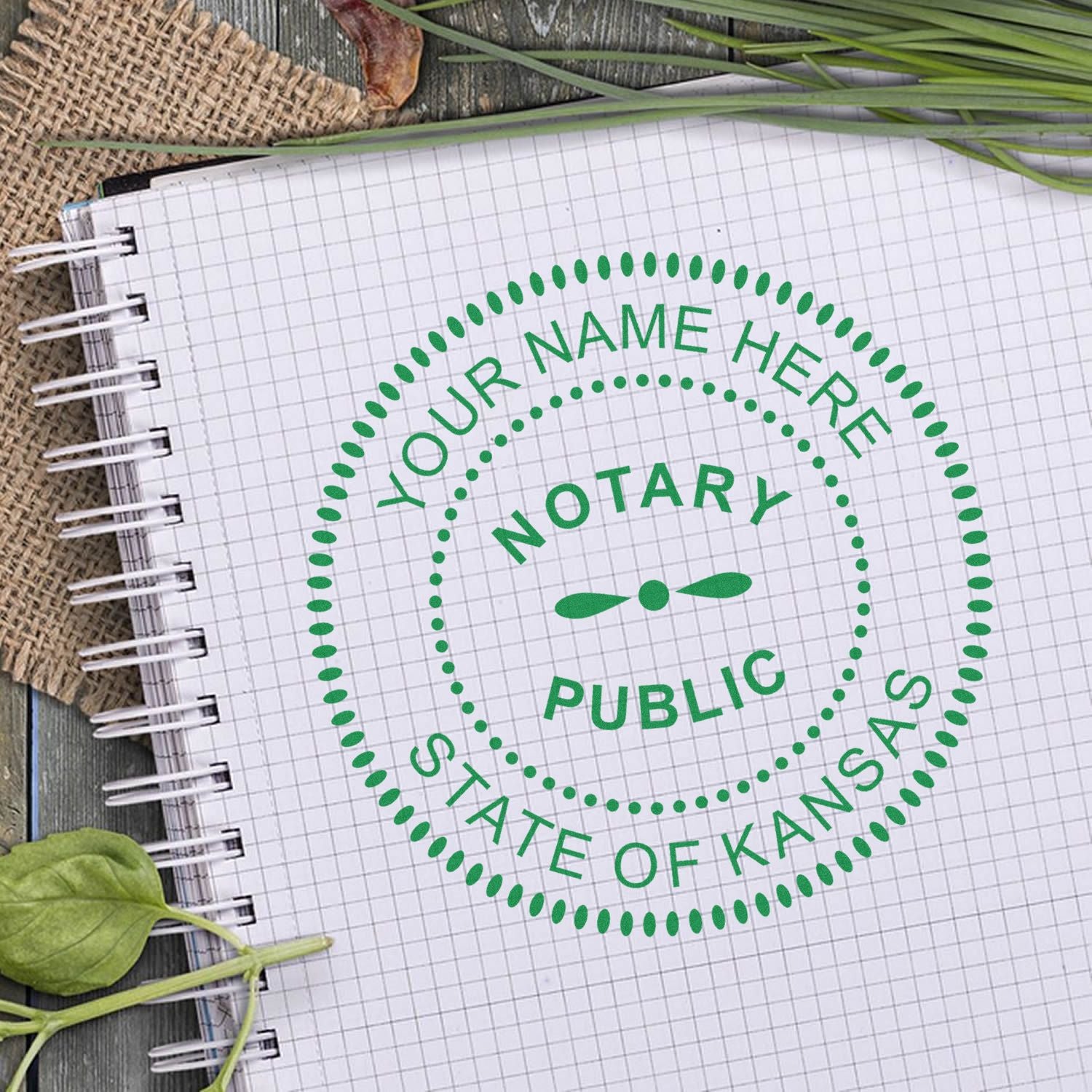 A photograph of the Heavy-Duty Round Kansas Notary Stamp stamp impression reveals a vivid, professional image of the on paper.