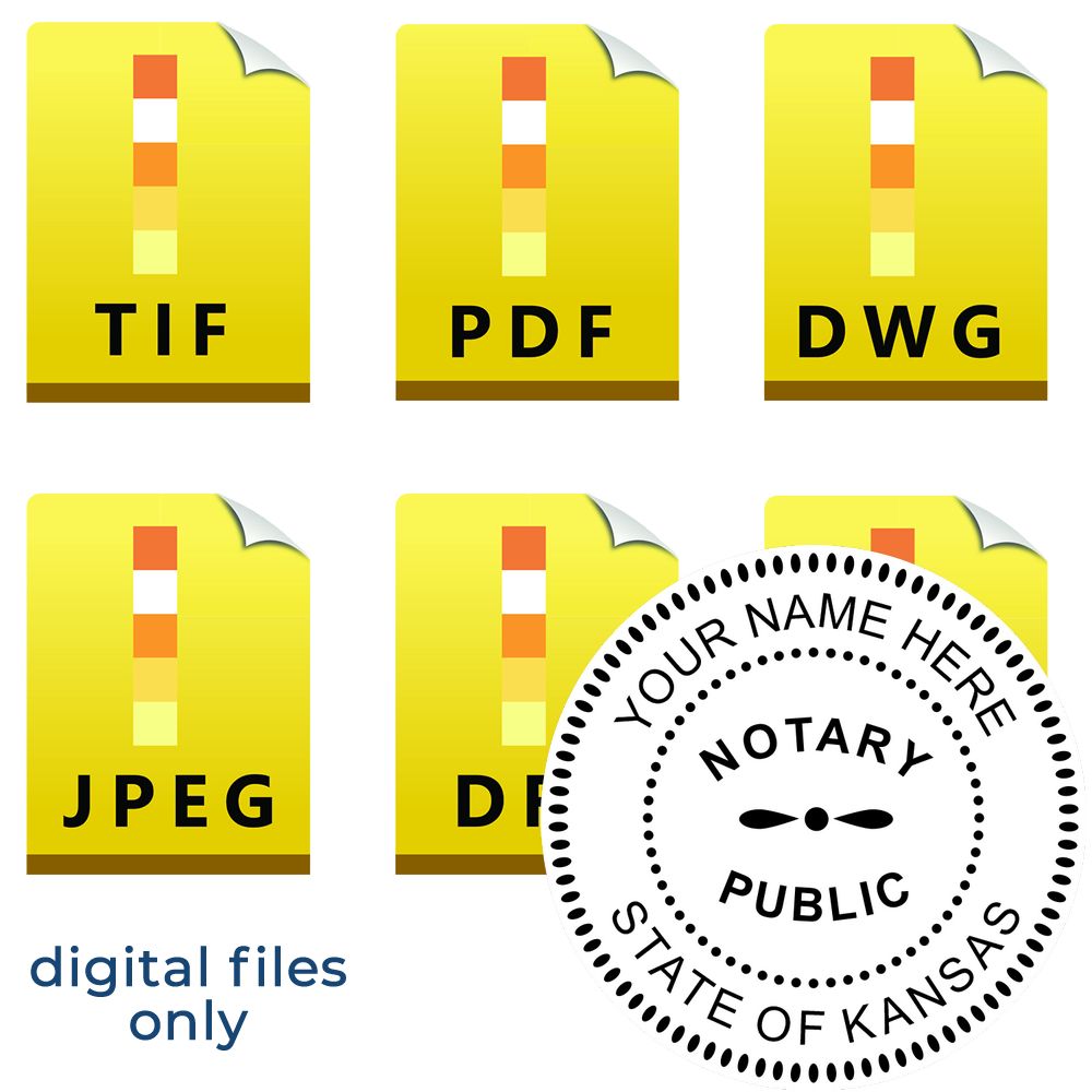 The main image for the Kansas Round Electronic Notary Stamp depicting a sample of the imprint and electronic files