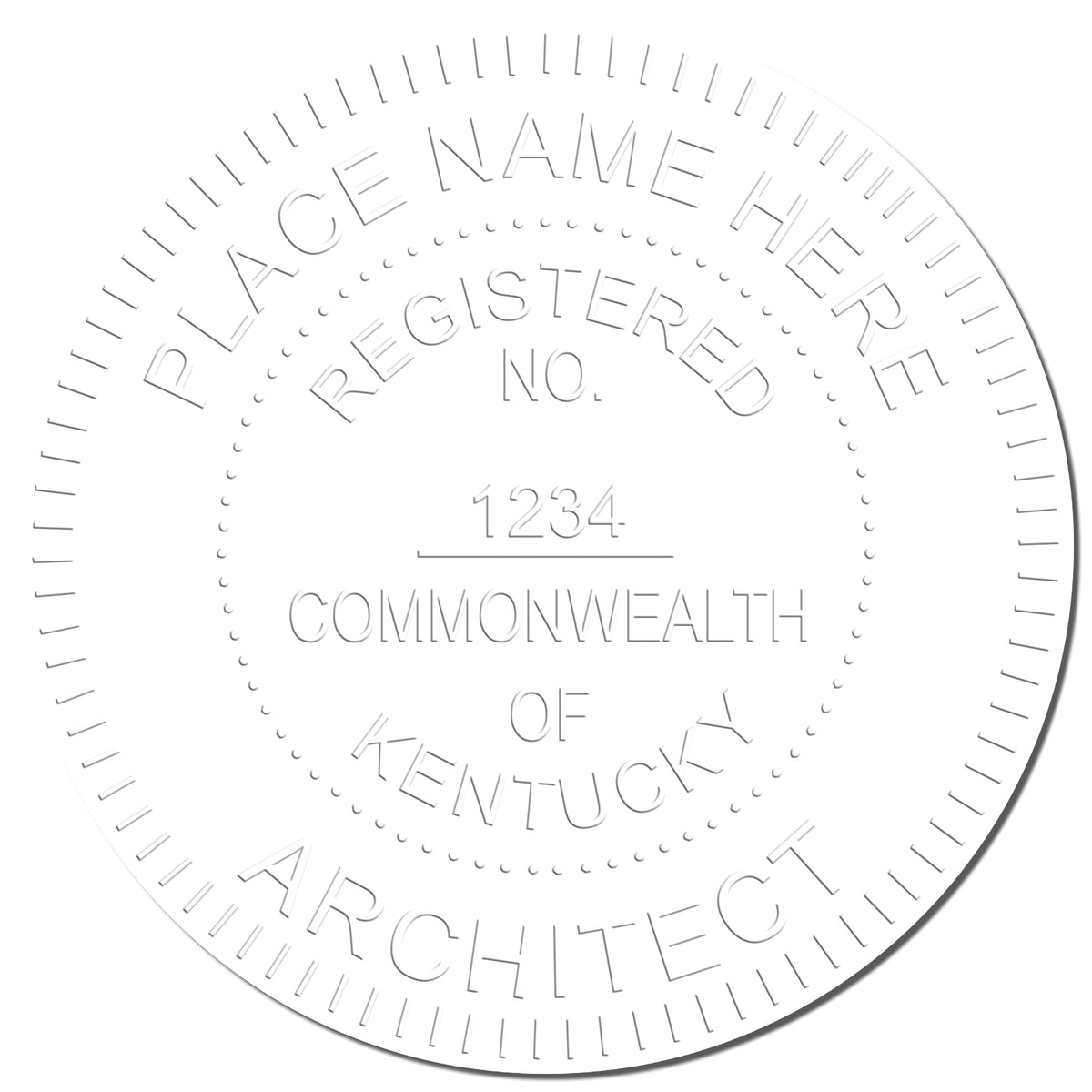 A photograph of the Handheld Kentucky Architect Seal Embosser stamp impression reveals a vivid, professional image of the on paper.