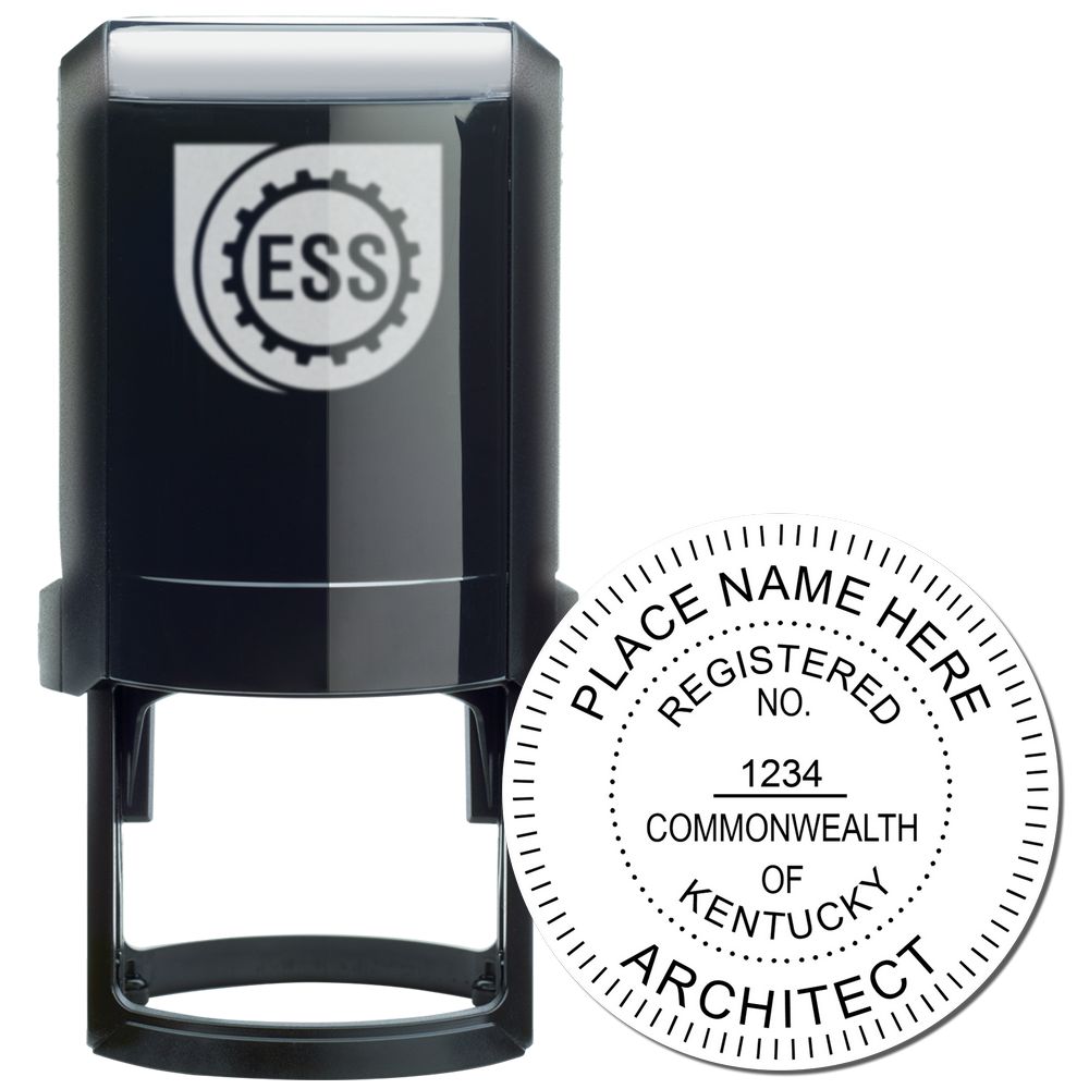 Self Inking Kentucky Architect Stamp with a black casing and a sample imprint showing Registered Architect, Commonwealth of Kentucky.