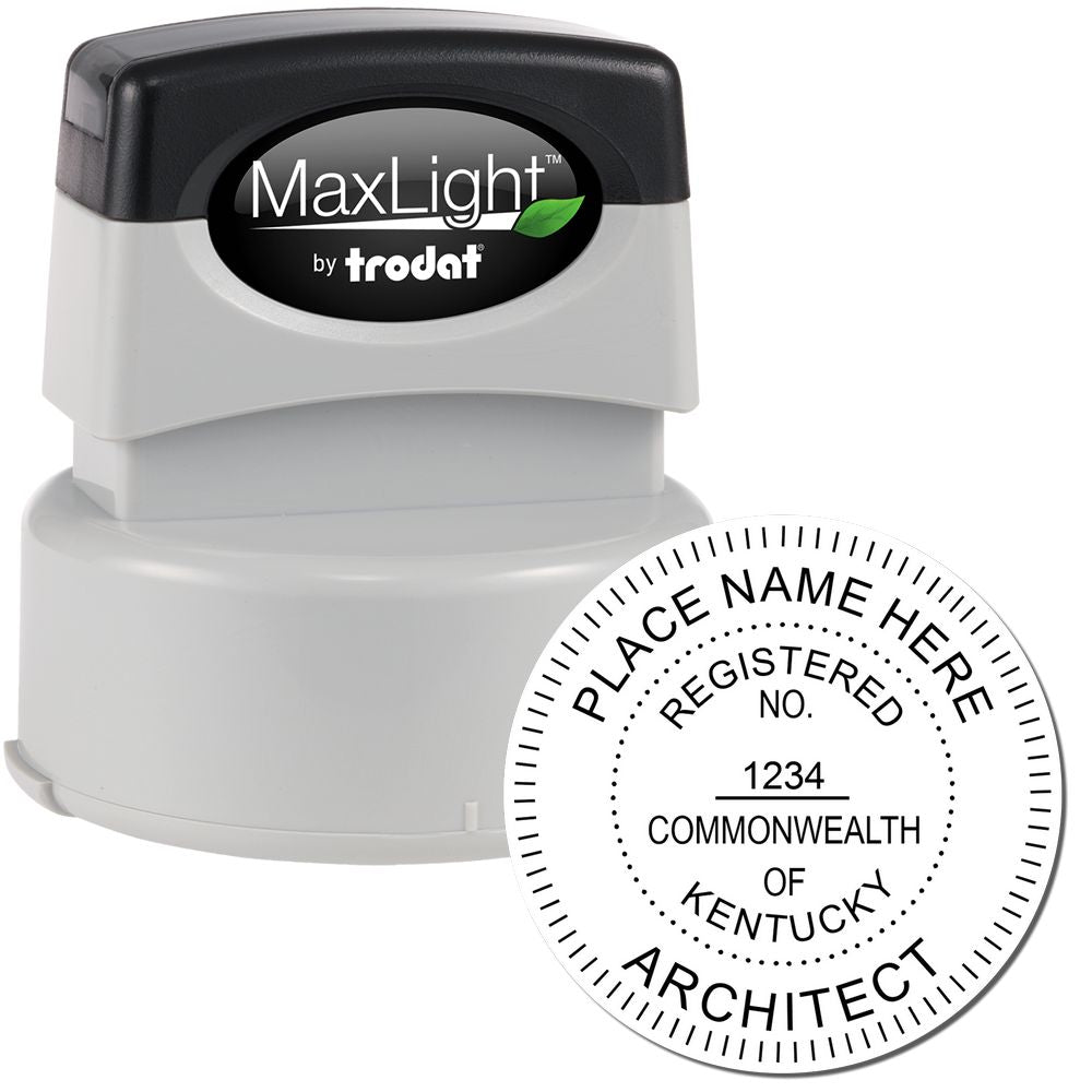 Premium MaxLight Pre-Inked Kentucky Architectural Stamp with a black and gray design, featuring customizable text for registered architects.