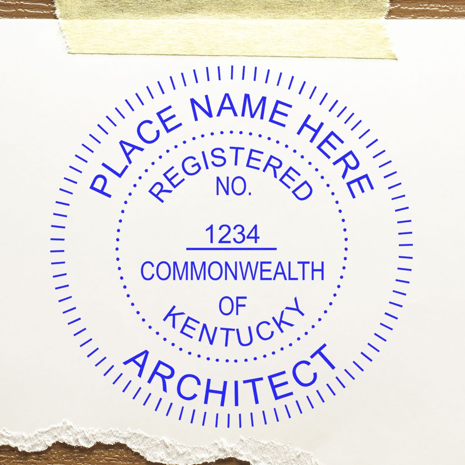 Digital Kentucky Architect Stamp, Electronic Seal for Kentucky Architect, featuring customizable text and registration number on white paper.