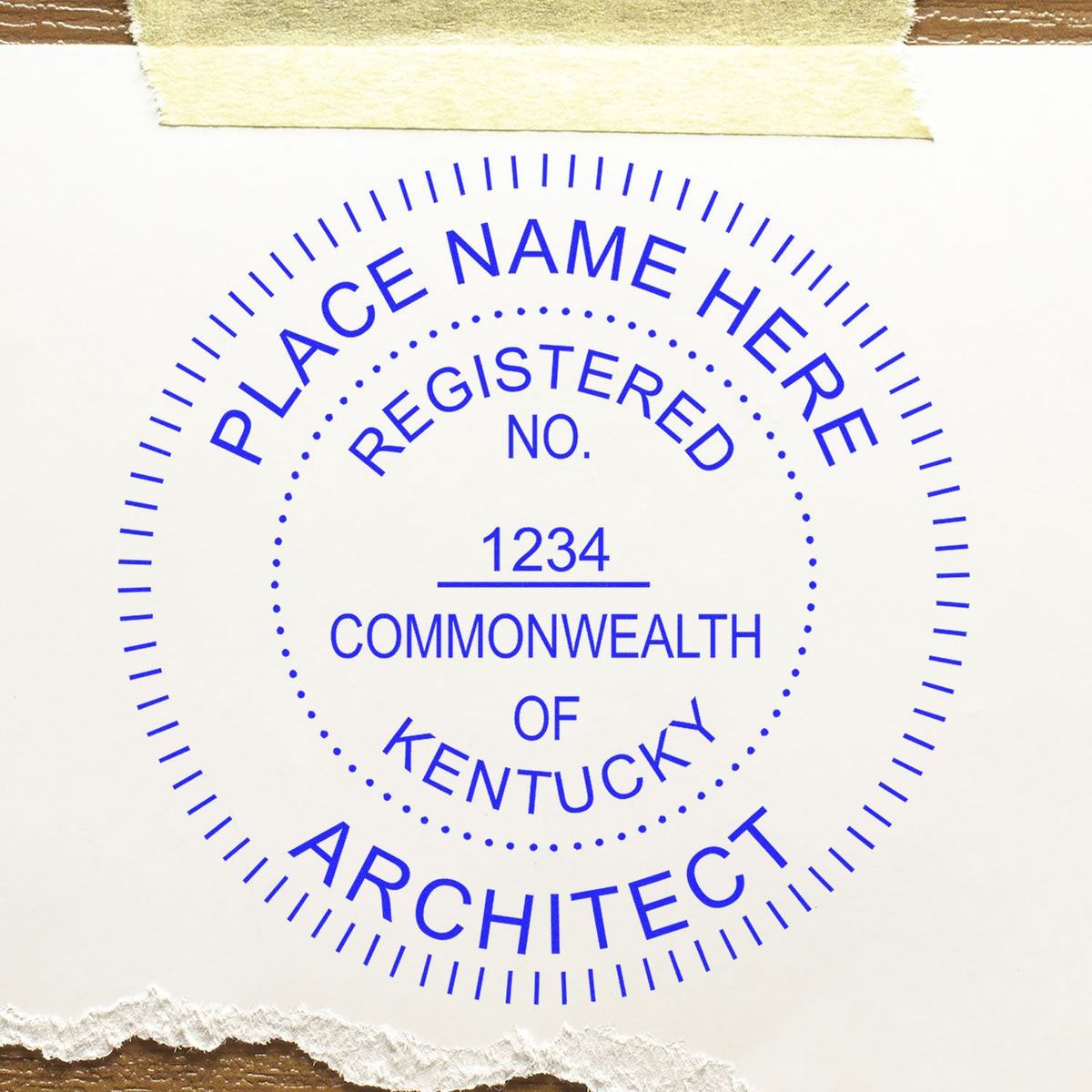 Slim Pre-Inked Kentucky Architect Seal Stamp in use photo showing a stamped imprint of the Slim Pre-Inked Kentucky Architect Seal Stamp