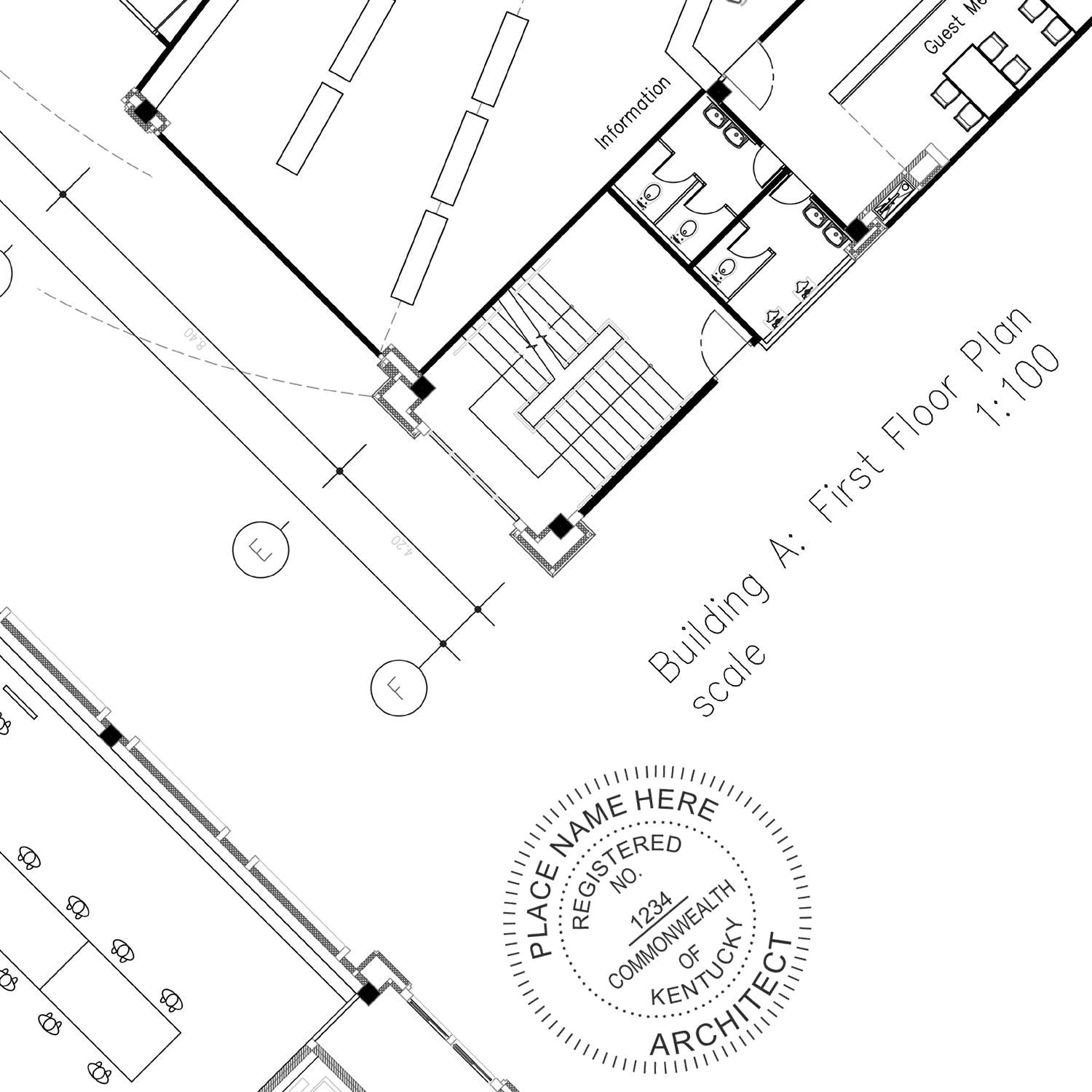 Architectural floor plan with a Premium MaxLight Pre-Inked Kentucky Architectural Stamp impression in the lower right corner.