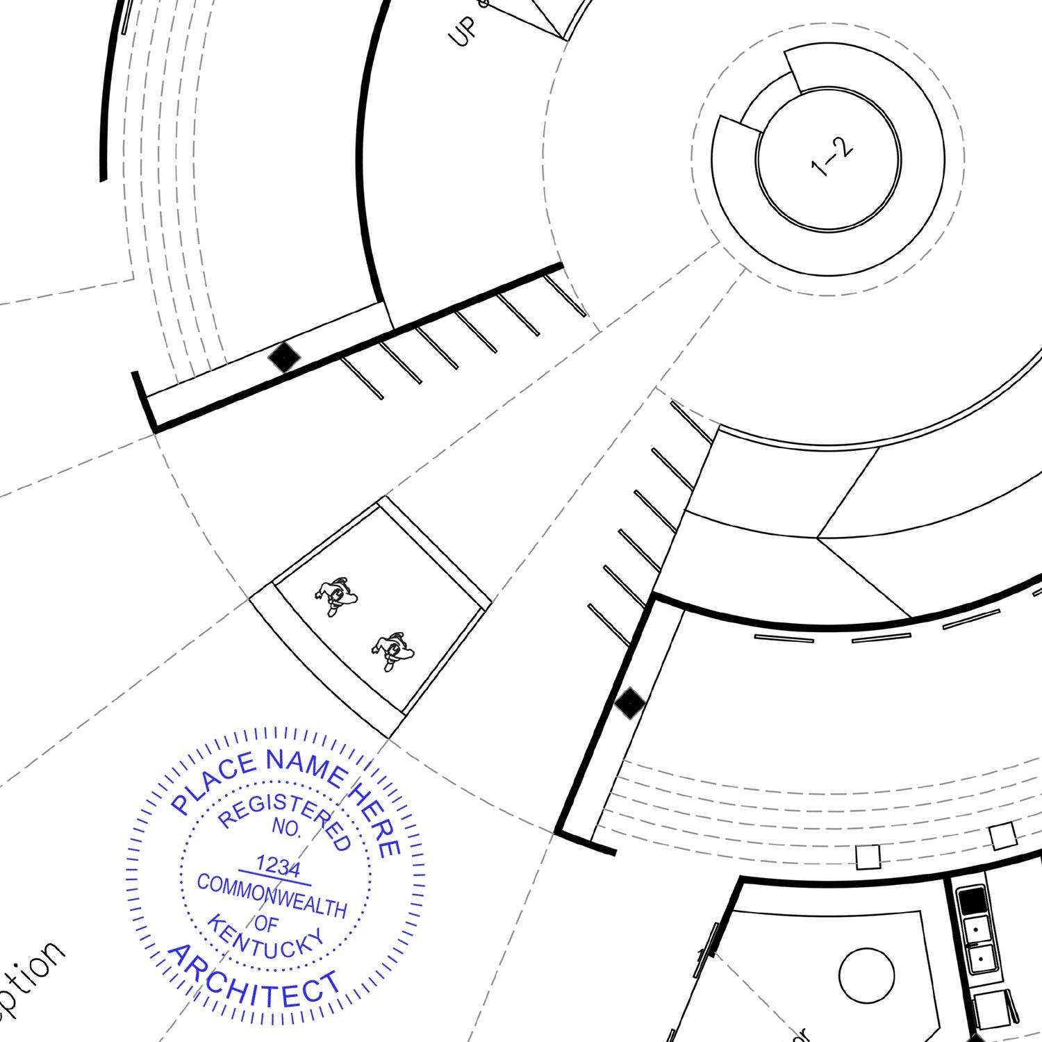 Architectural blueprint stamped with the Self Inking Kentucky Architect Stamp, showing detailed floor plans and the official seal.