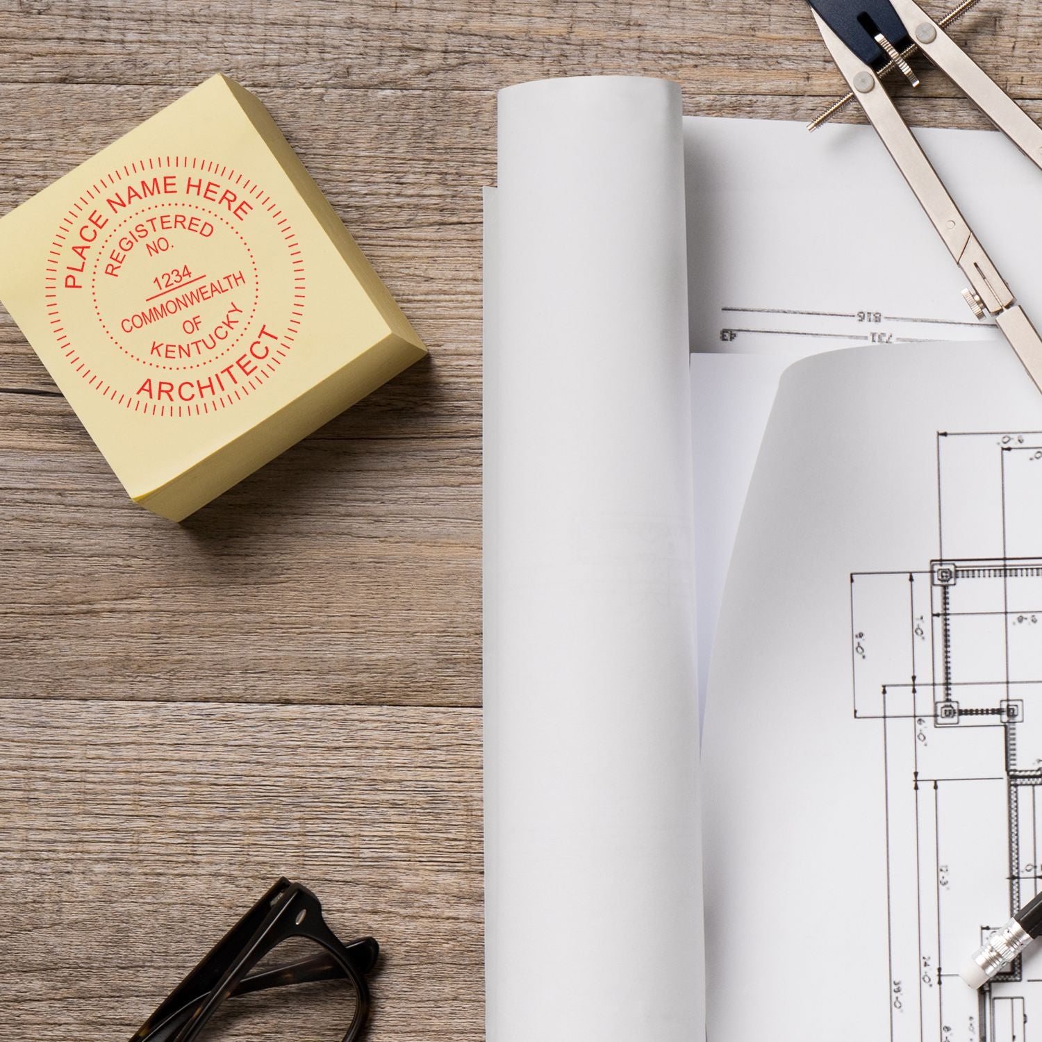 Self Inking Kentucky Architect Stamp on a wooden table with architectural blueprints, a pair of glasses, and drafting tools.