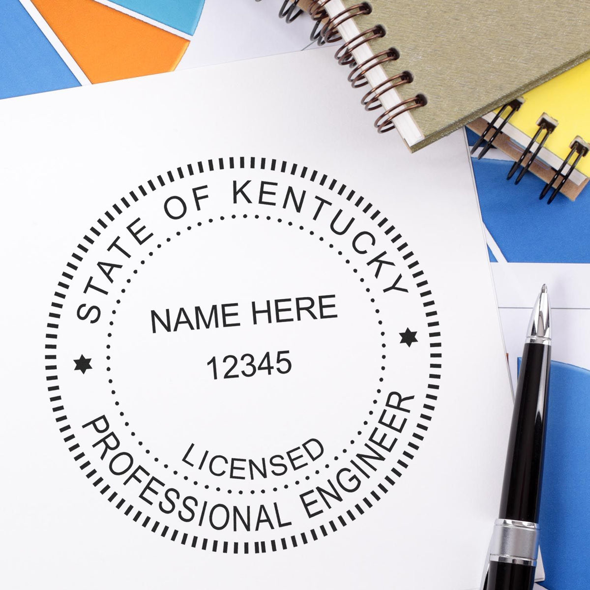 A stamped impression of the Slim Pre-Inked Kentucky Professional Engineer Seal Stamp in this stylish lifestyle photo, setting the tone for a unique and personalized product.
