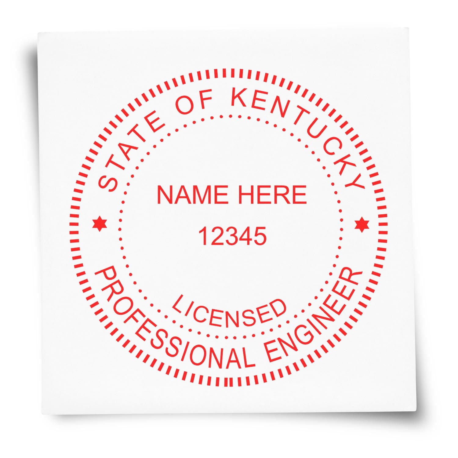 A photograph of the Slim Pre-Inked Kentucky Professional Engineer Seal Stamp stamp impression reveals a vivid, professional image of the on paper.