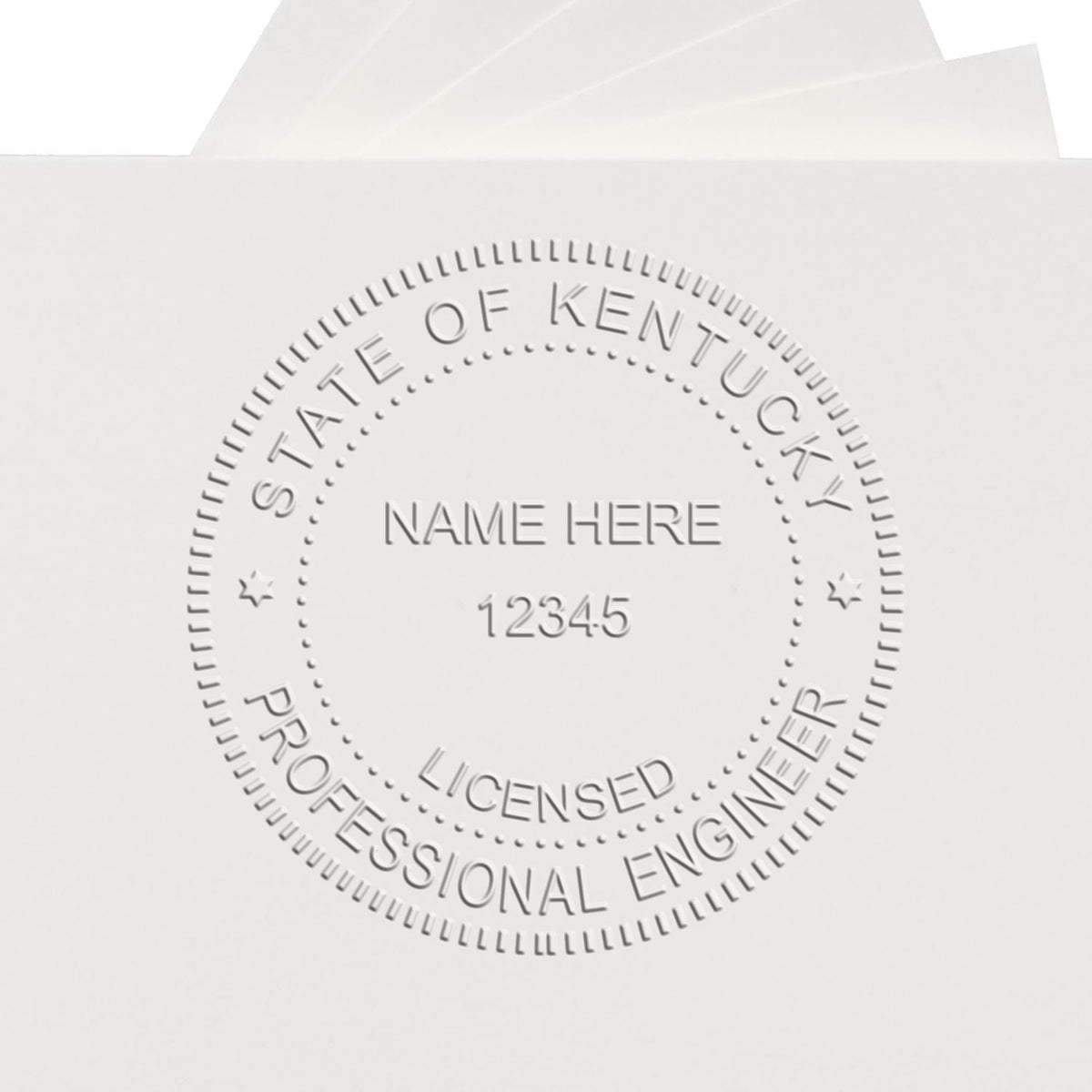 A lifestyle photo showing a stamped image of the Handheld Kentucky Professional Engineer Embosser on a piece of paper