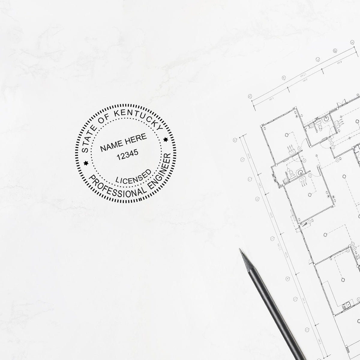A stamped impression of the Kentucky Professional Engineer Seal Stamp in this stylish lifestyle photo, setting the tone for a unique and personalized product.