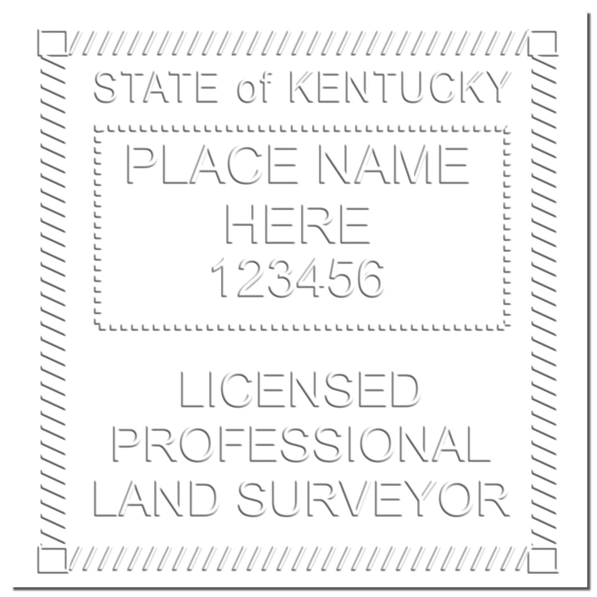This paper is stamped with a sample imprint of the Extended Long Reach Kentucky Surveyor Embosser, signifying its quality and reliability.