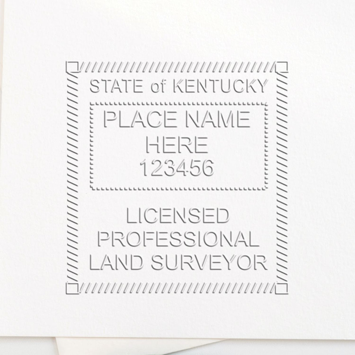 A photograph of the State of Kentucky Soft Land Surveyor Embossing Seal stamp impression reveals a vivid, professional image of the on paper.